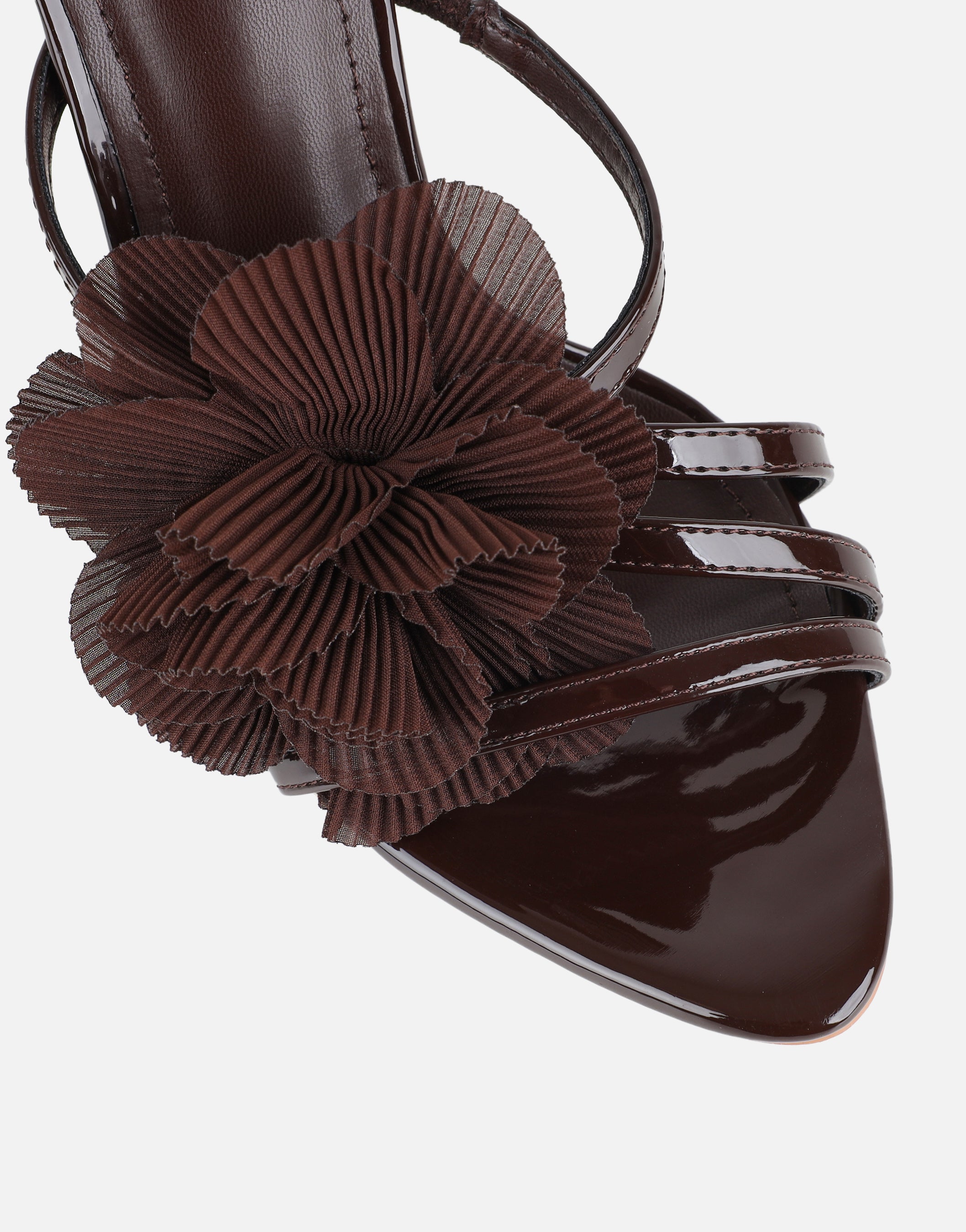 Tina Chocolate Patent Flower Detail Heeled Sandals | SIMMI London