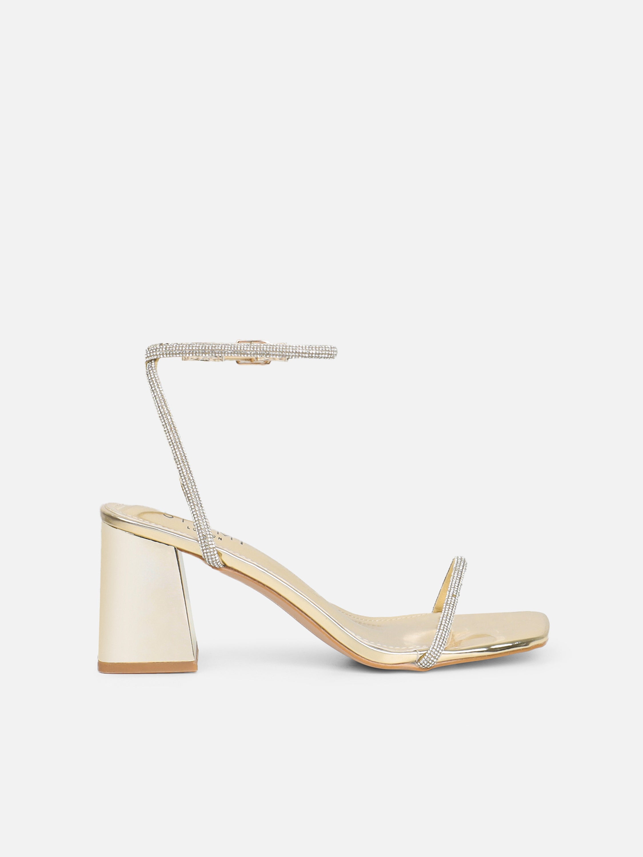 Ciel Gold Mirror Diamante Low Block Heeled Sandals Wide Fit | SIMMI London