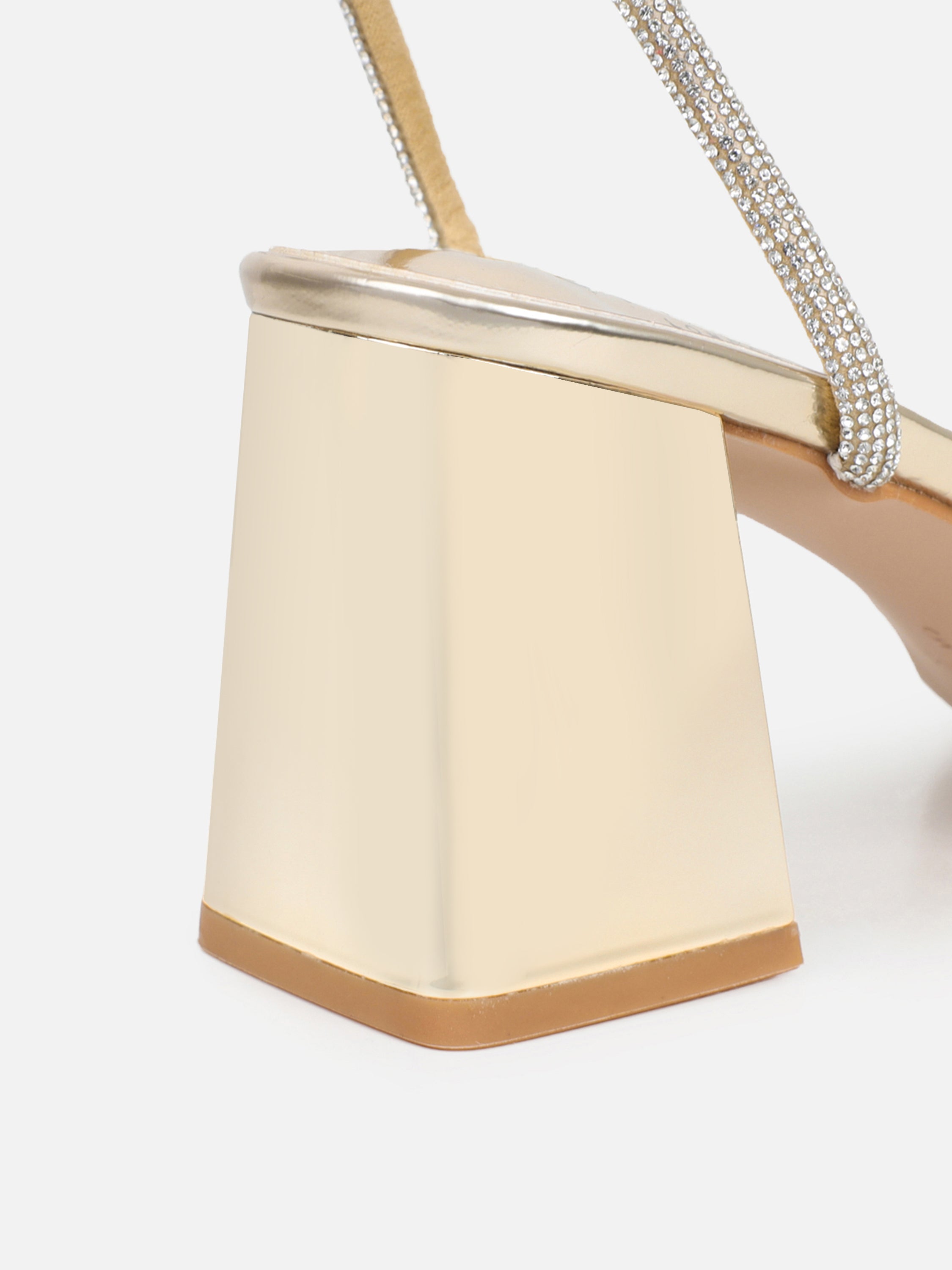 Ciel Gold Mirror Diamante Low Block Heeled Sandals Wide Fit | SIMMI London