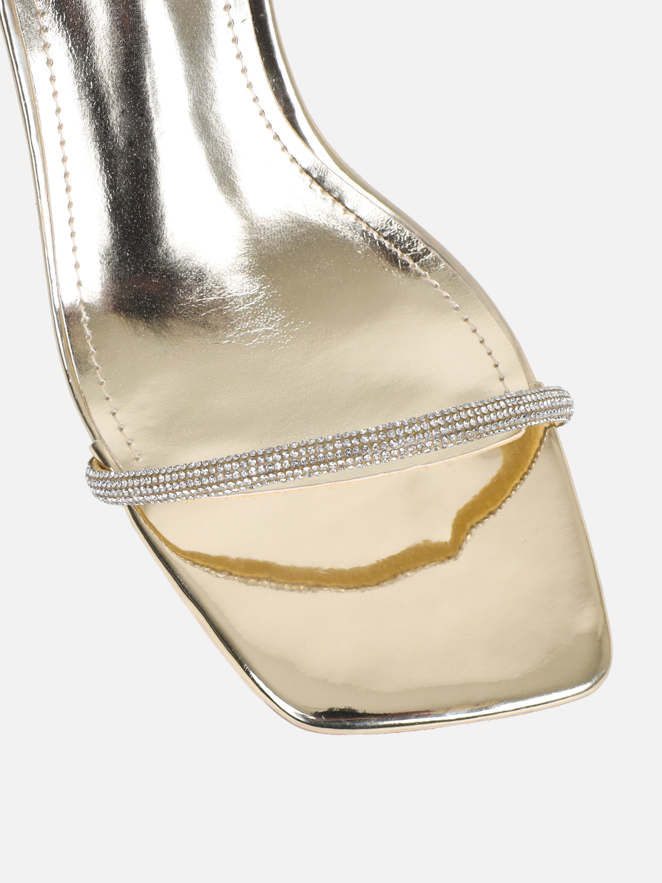 Ciel Gold Mirror Diamante Low Block Heeled Sandals Wide Fit | SIMMI London