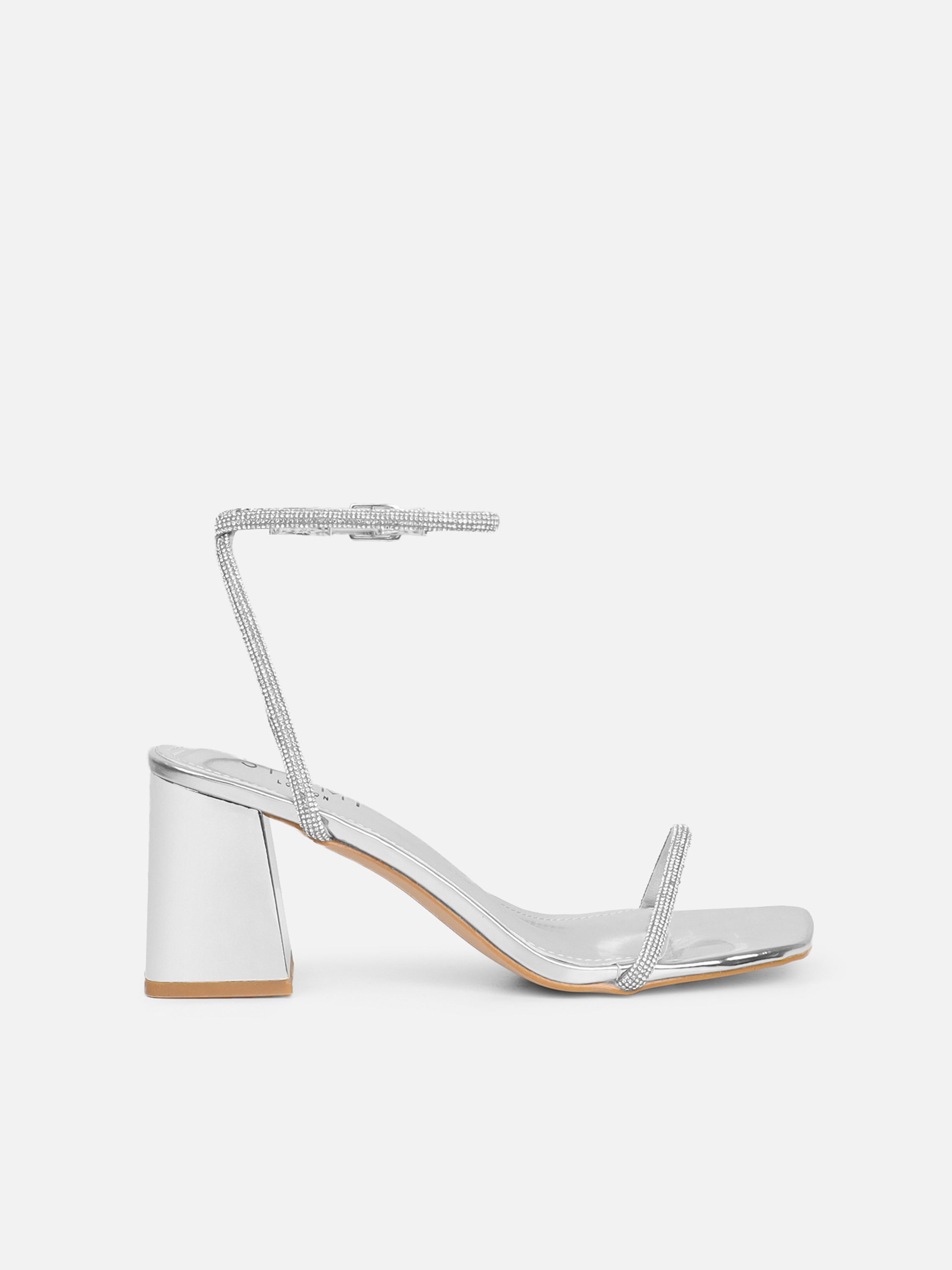 Ciel Silver Mirror Diamante Low Block Heeled Sandals Wide Fit | SIMMI London