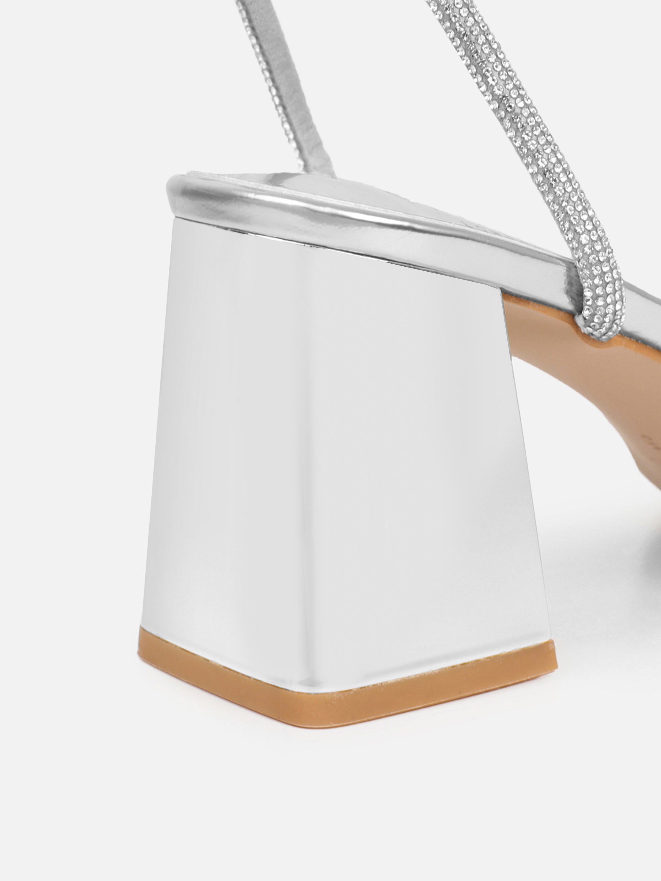 Ciel Silver Mirror Diamante Low Block Heeled Sandals | SIMMI London