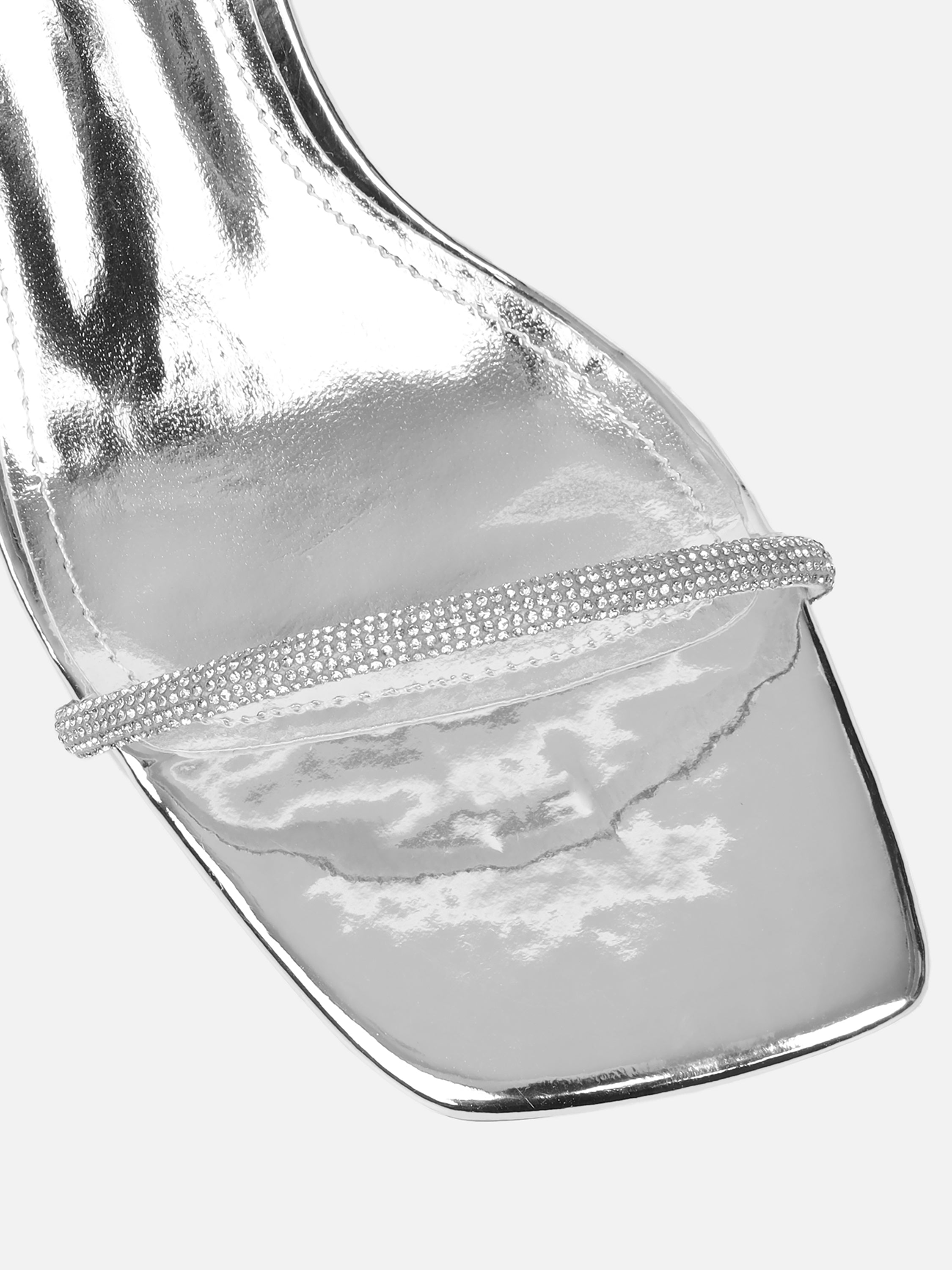Ciel Silver Mirror Diamante Low Block Heeled Sandals Wide Fit | SIMMI London
