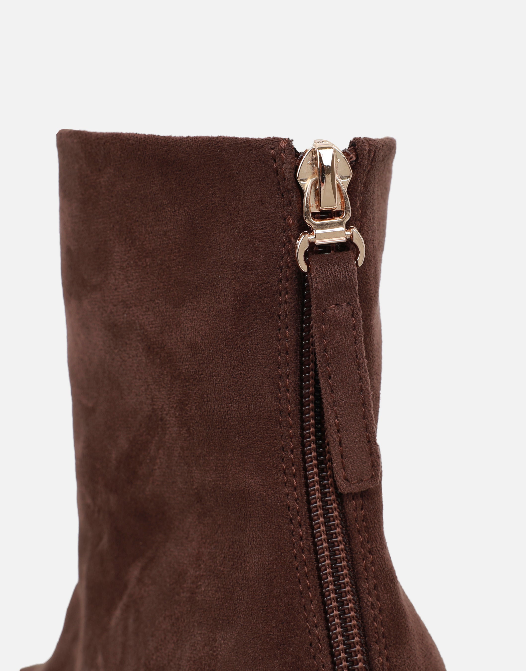 Thistle Brown Suedette Block Heel Ankle Boot With Zip Detail | SIMMI London