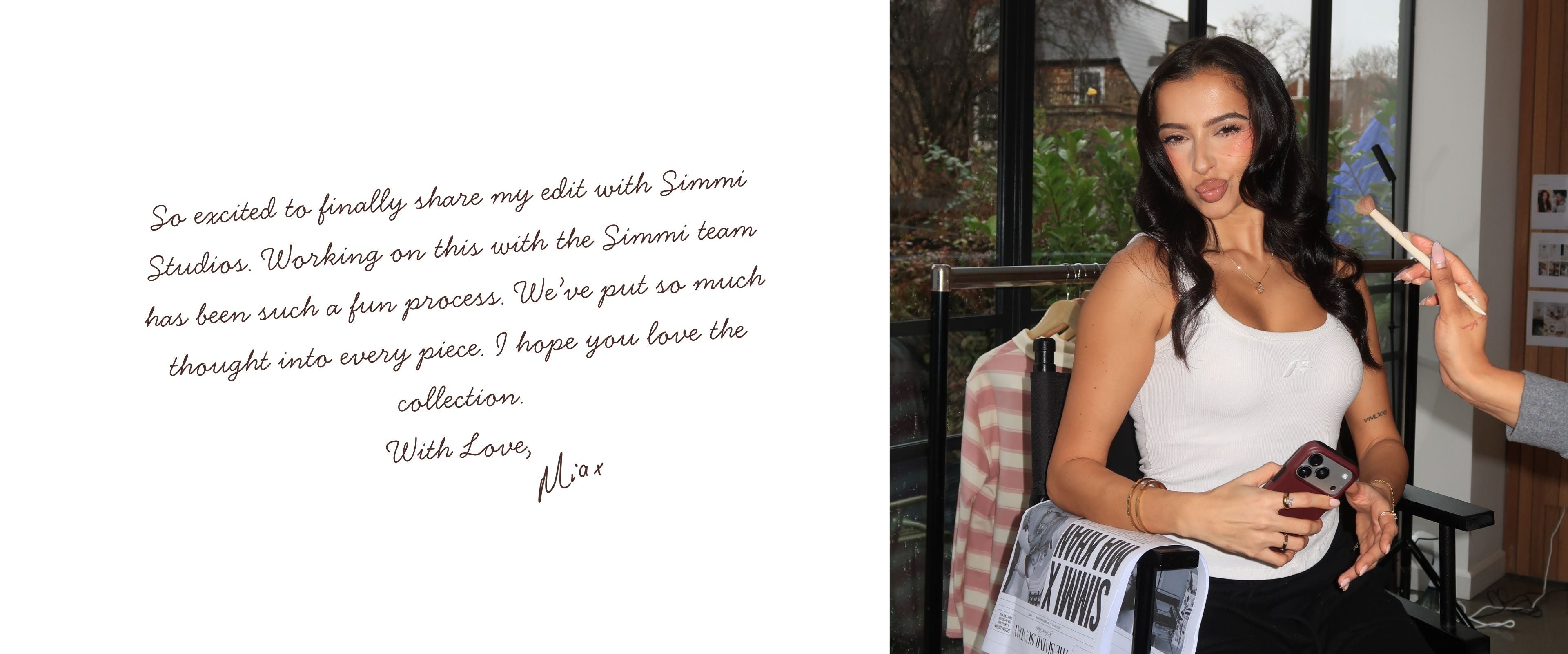 Woman sitting outdoors with a phone and magazine, text on the left