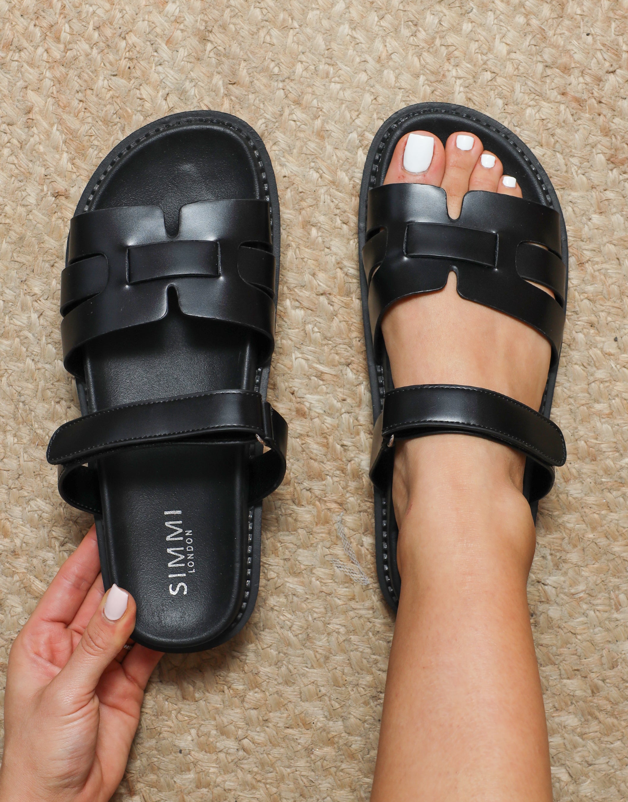 Adelle Black Chunky Strap Footbed Slides | SIMMI London