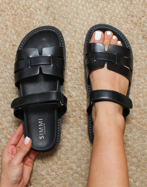 Adelle Black Chunky Velcro Strap Flat Sandals | SIMMI London
