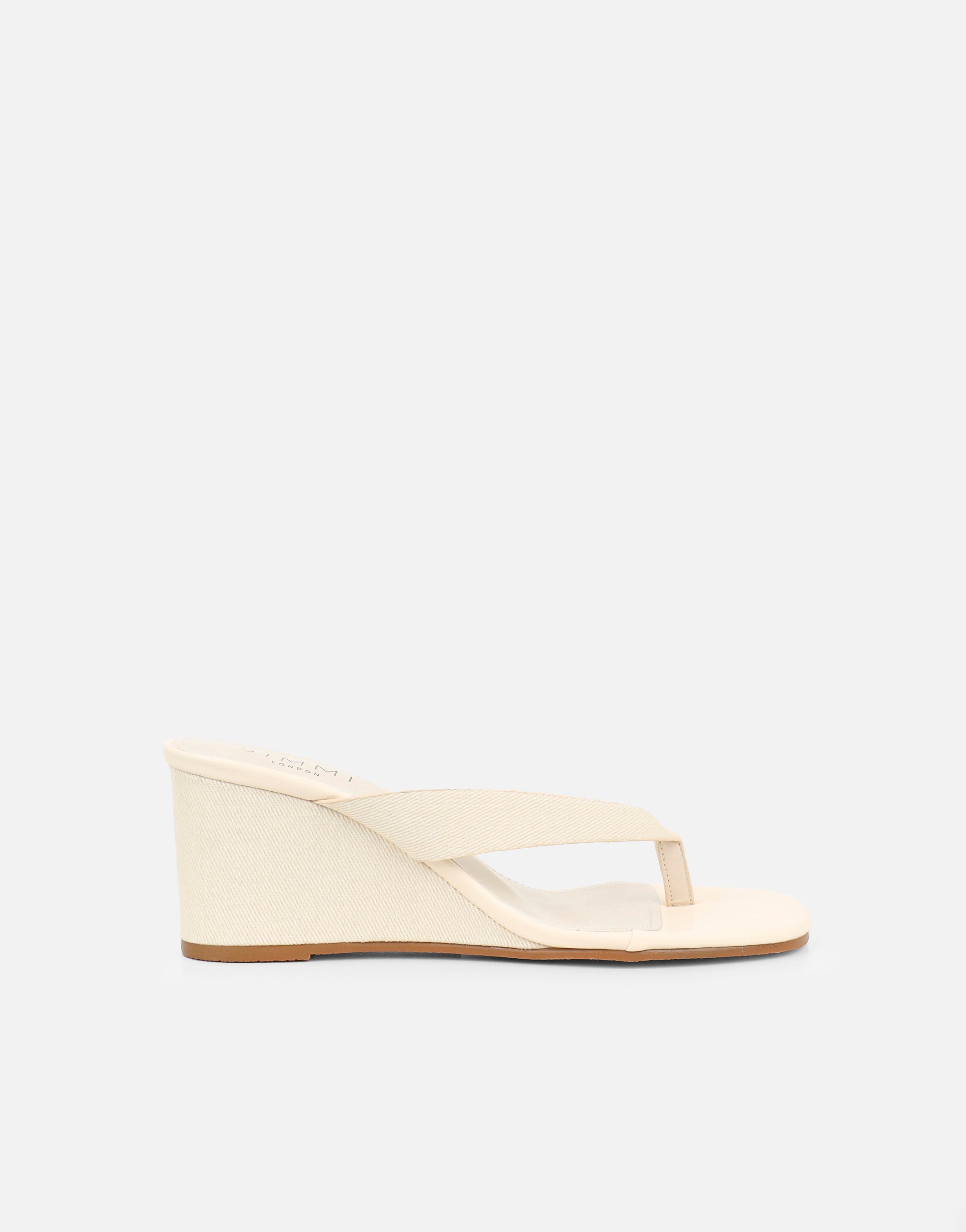 Jules Beige Denim Toe Post Wedge Sandals Wide Fit | SIMMI London