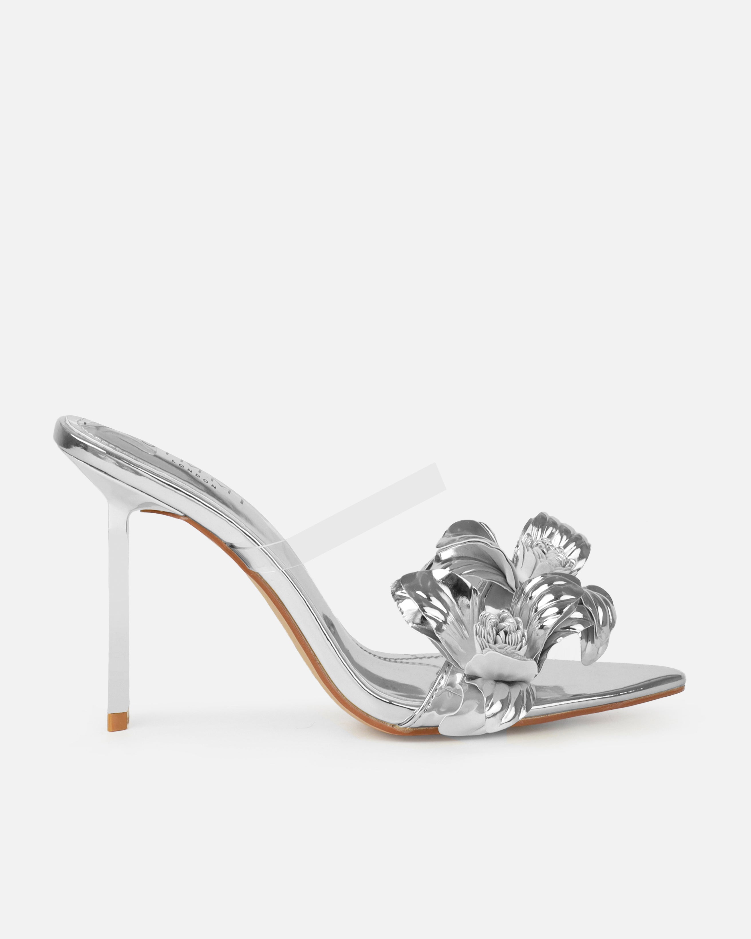 Acacia Silver Clear Flower Mules | SIMMI London