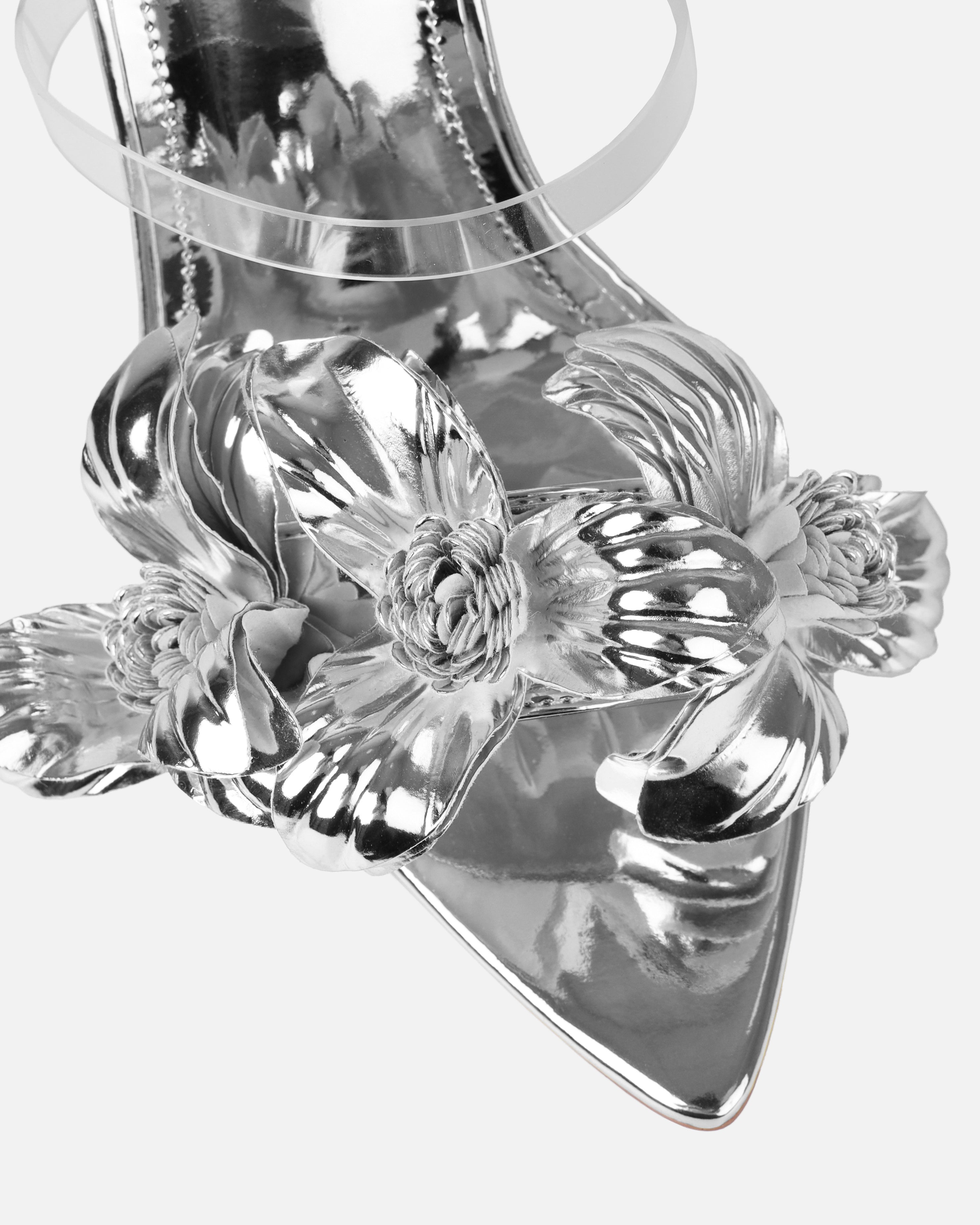 Acacia Silver Clear Flower Mules | SIMMI London