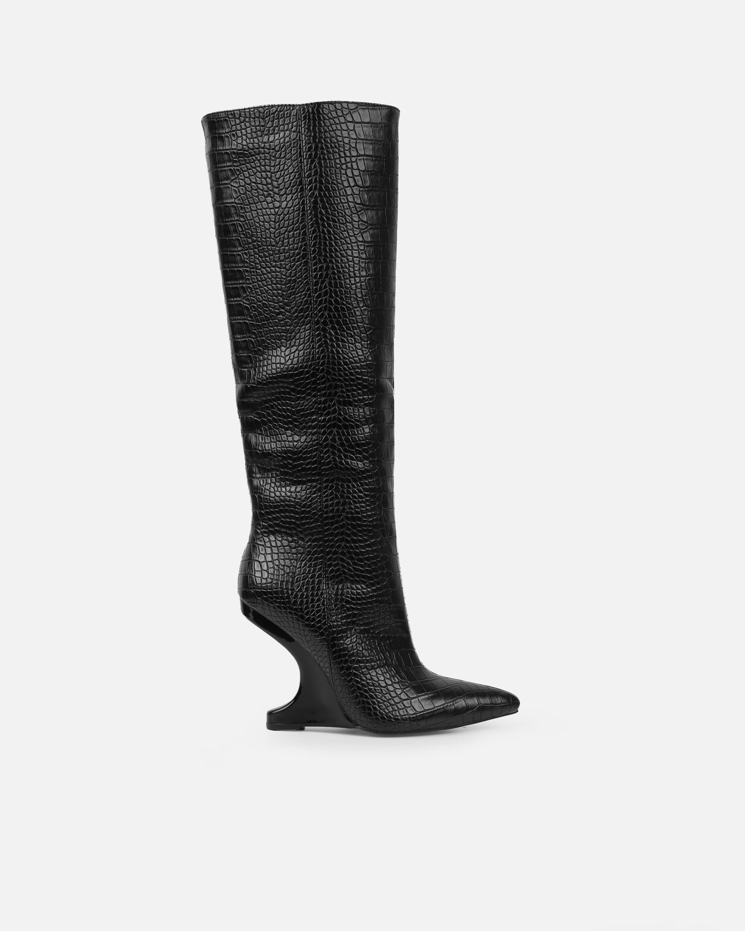 Adler Black Faux Croc Wedge Knee High Boots | SIMMI London