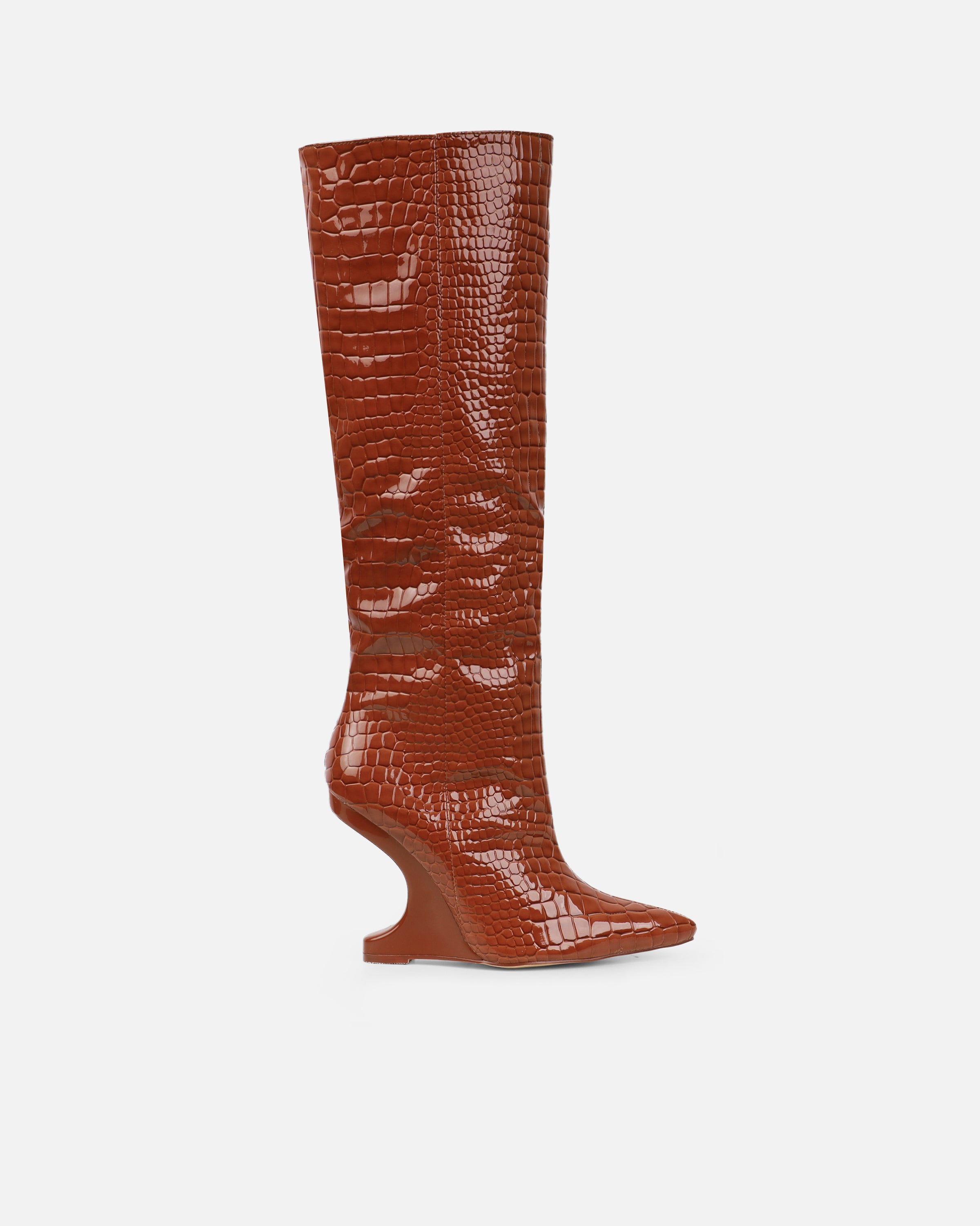 Adler Tan Faux Croc Wedge Knee High Boots | SIMMI London