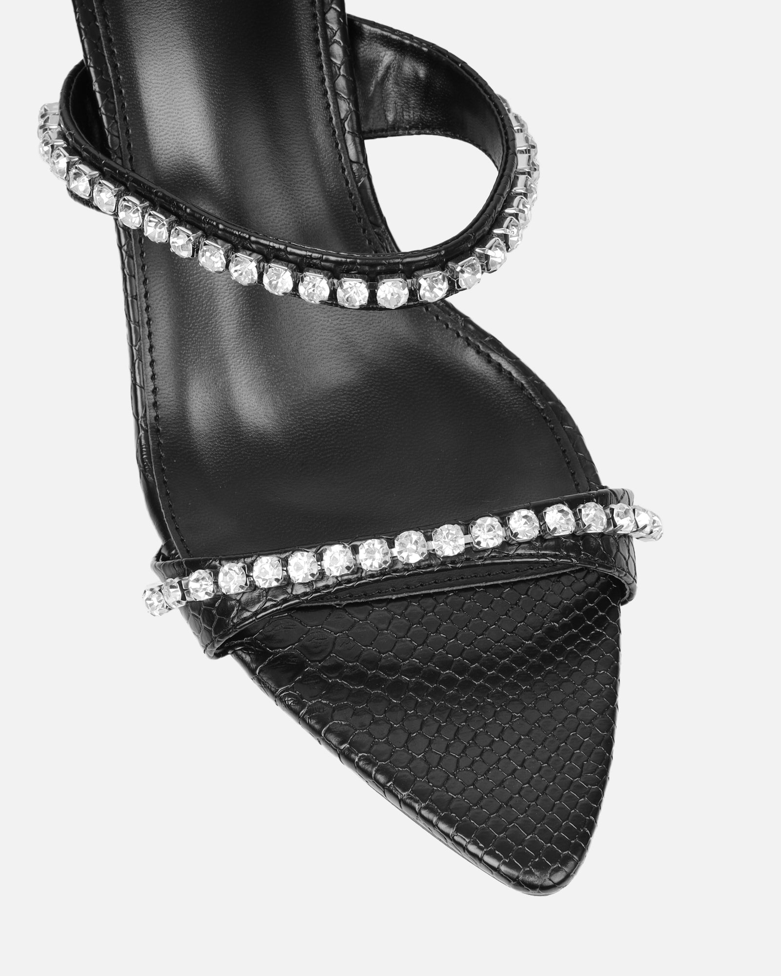 Adrienne black snake diamante low heeled sandals | SIMMI London