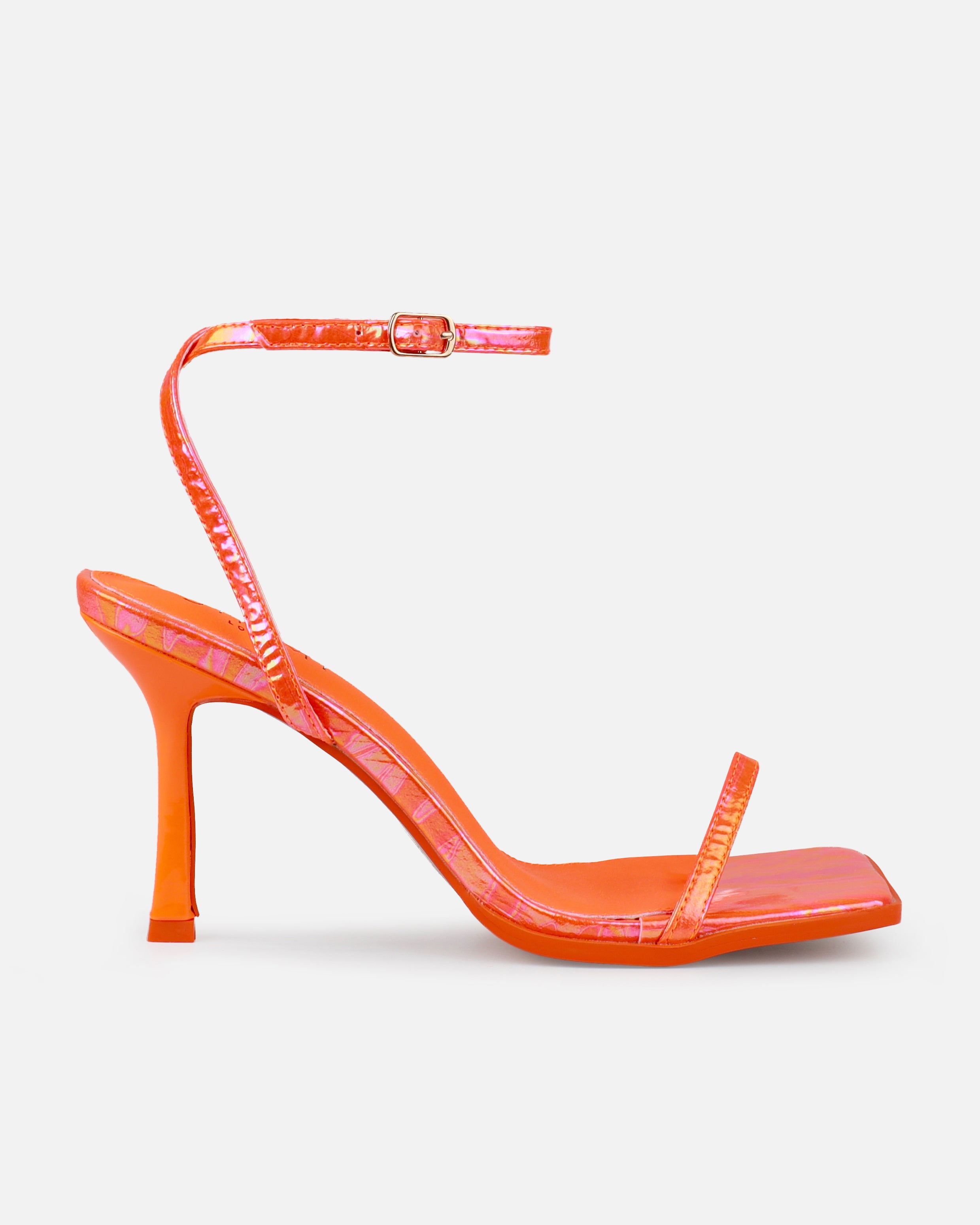 Aeros Orange Square Toe Strappy Stiletto Mid Heels | SIMMI London