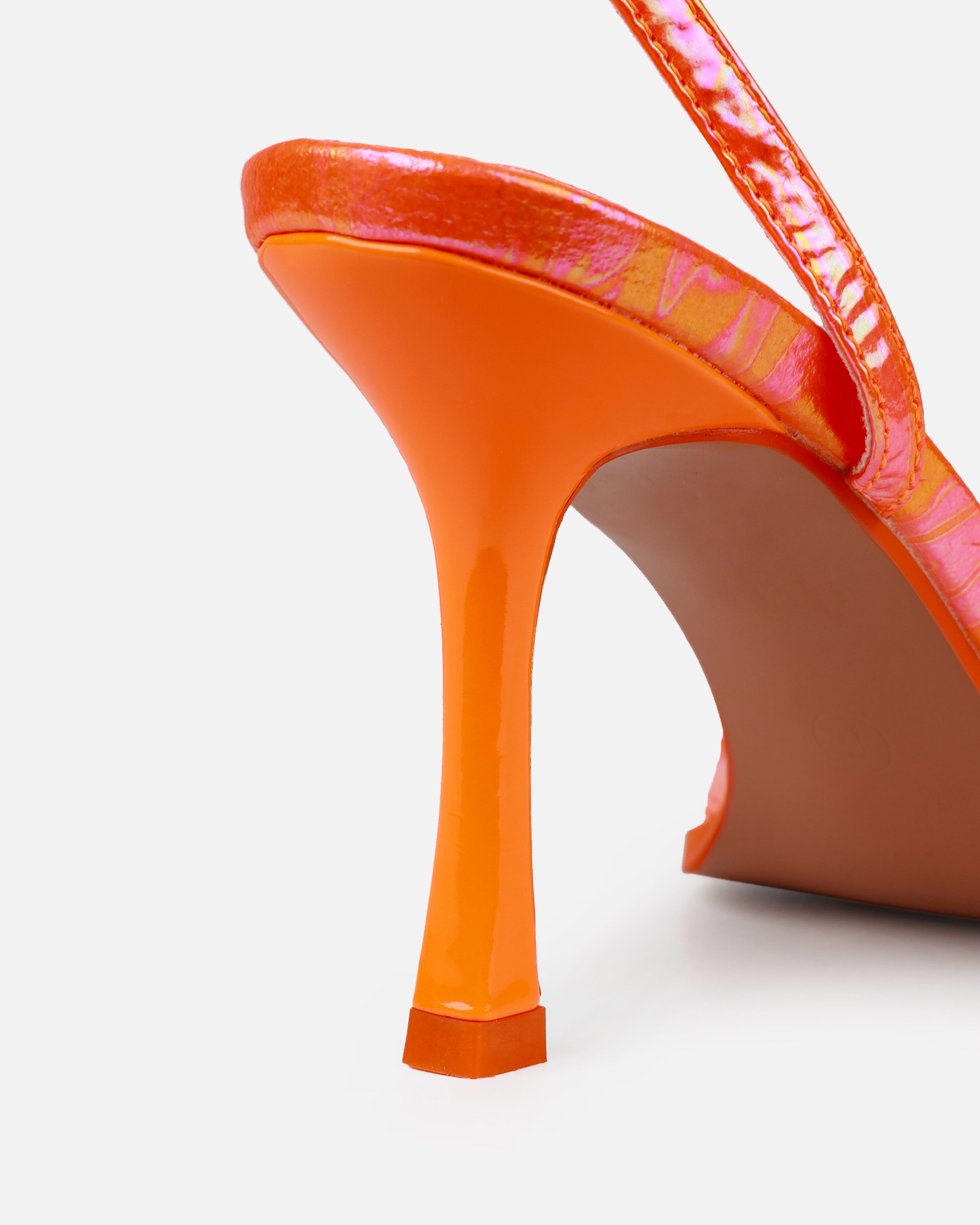Aeros Orange Square Toe Strappy Stiletto Mid Heels | SIMMI London