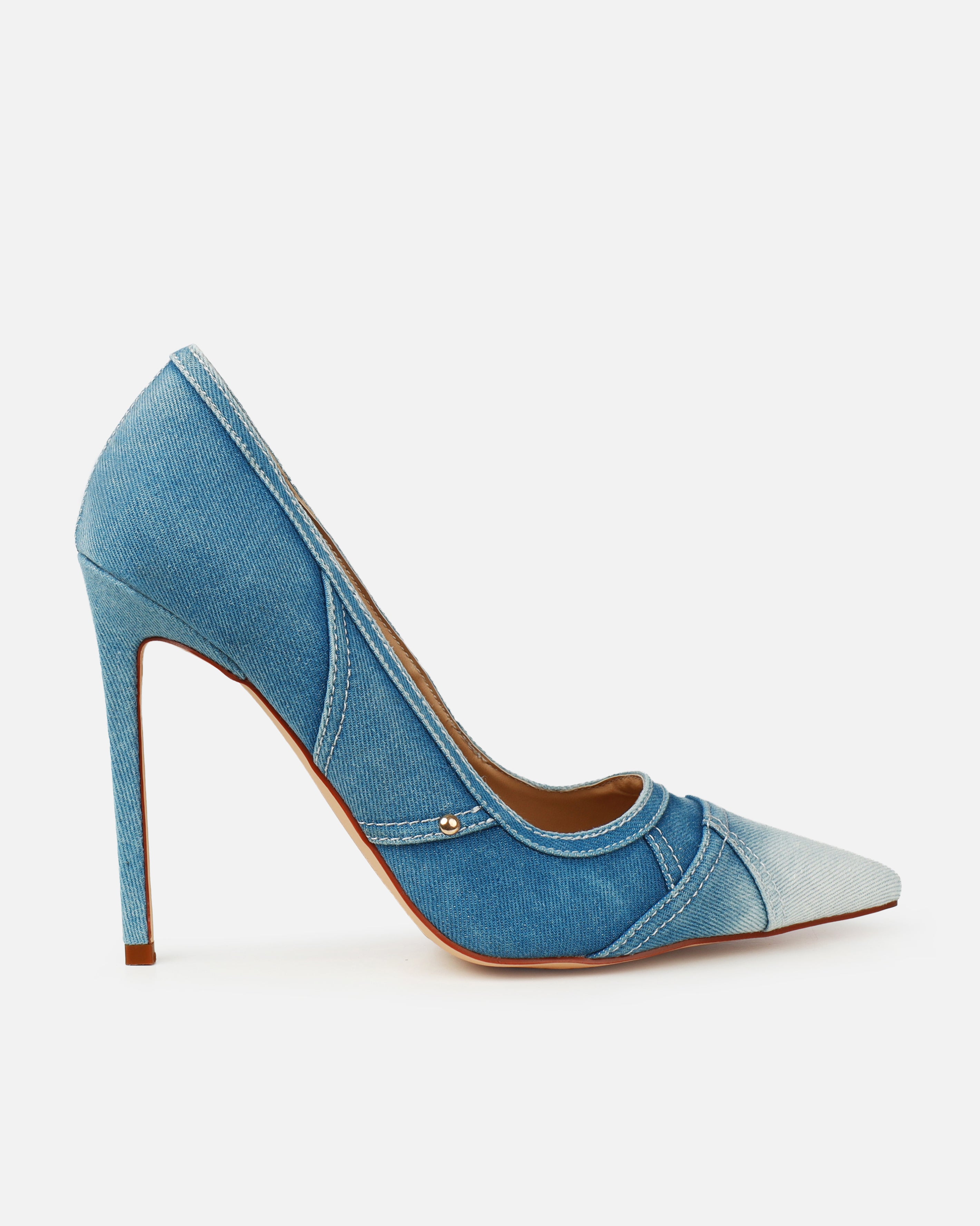 Aggie Blue Denim Patchwork Stiletto Court Shoes | SIMMI London