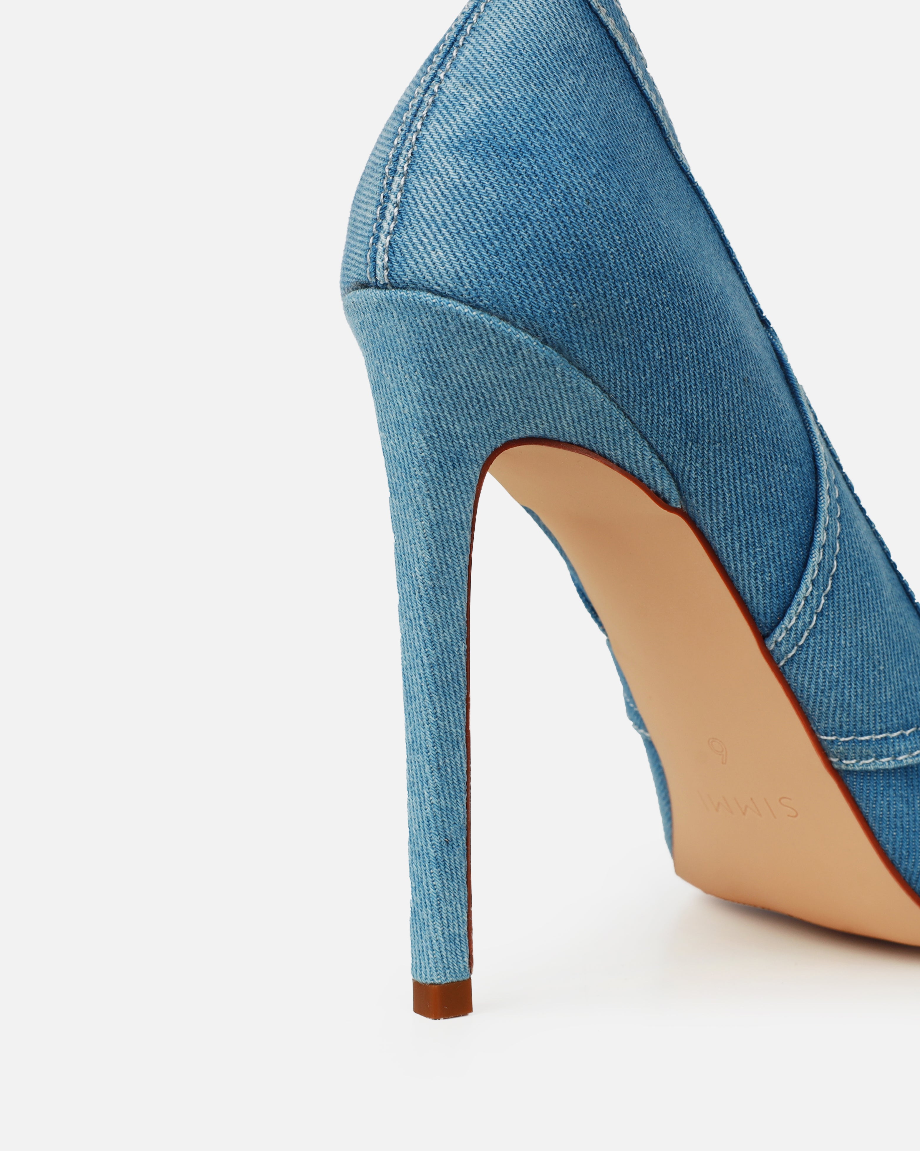 Aggie Blue Denim Patchwork Stiletto Court Shoes | SIMMI London