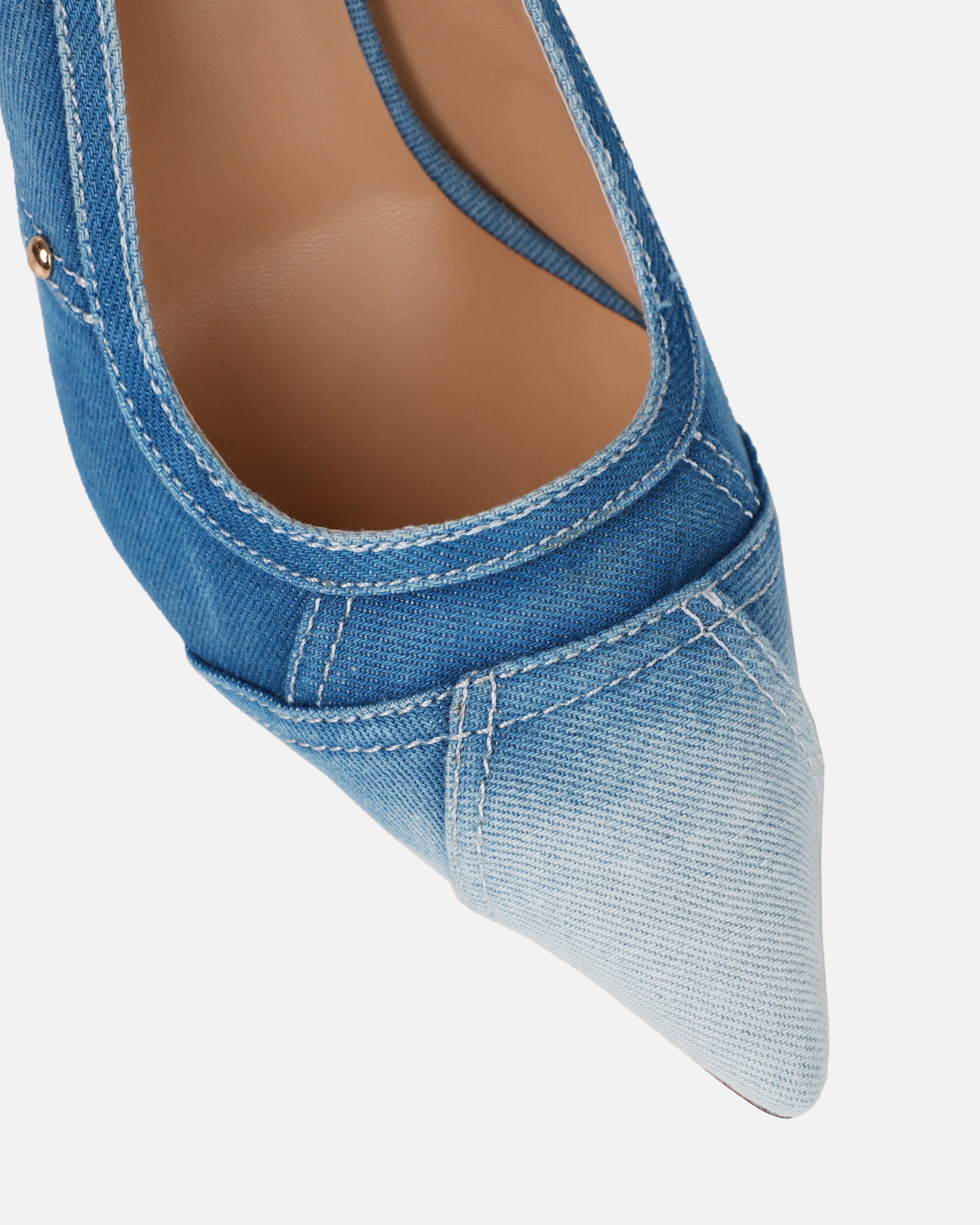 Aggie Blue Denim Patchwork Stiletto Court Shoes | SIMMI London