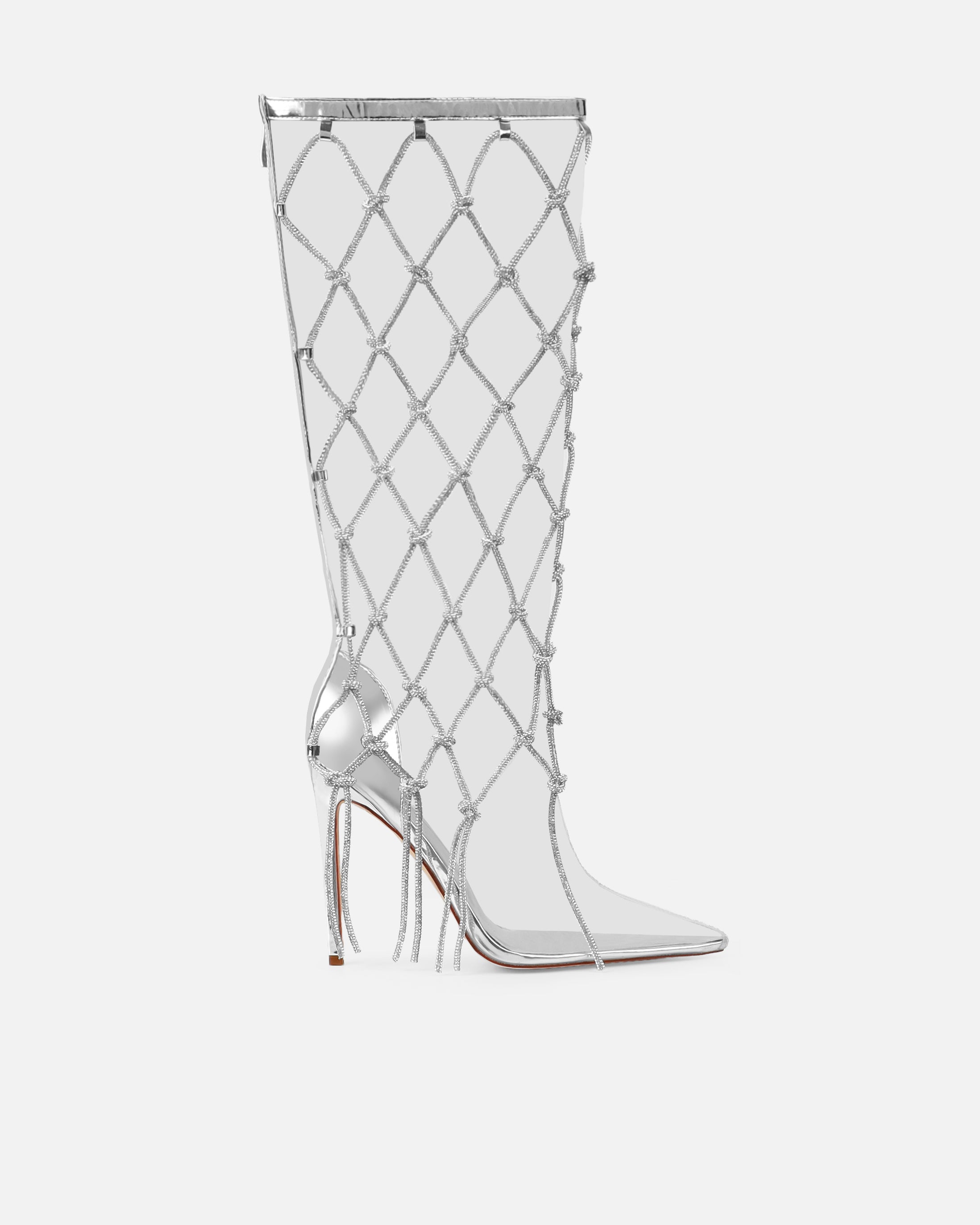 Picasso Silver Clear Diamante Stiletto Knee High Boots | SIMMI London
