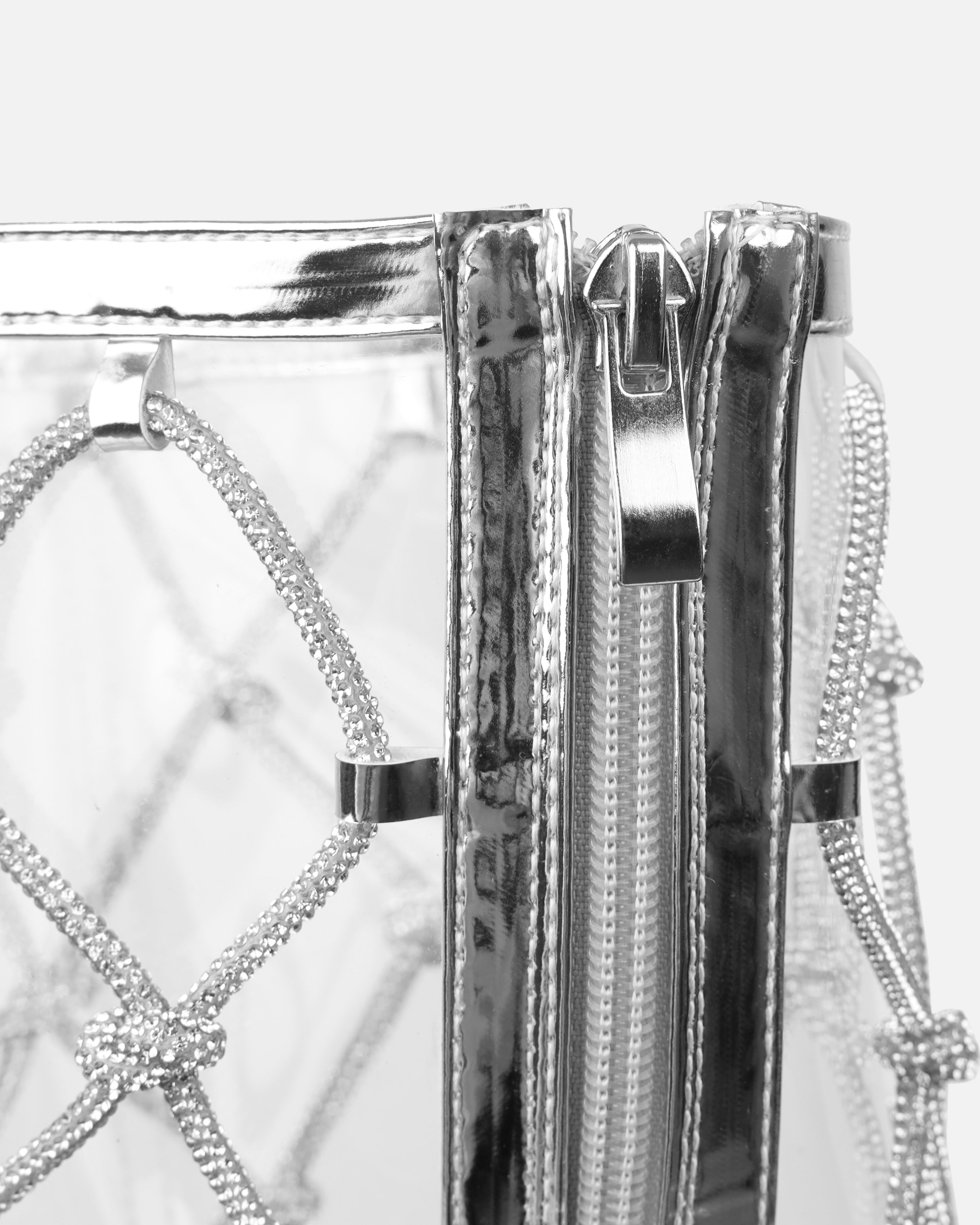 Picasso Silver Clear Diamante Stiletto Knee High Boots | SIMMI London