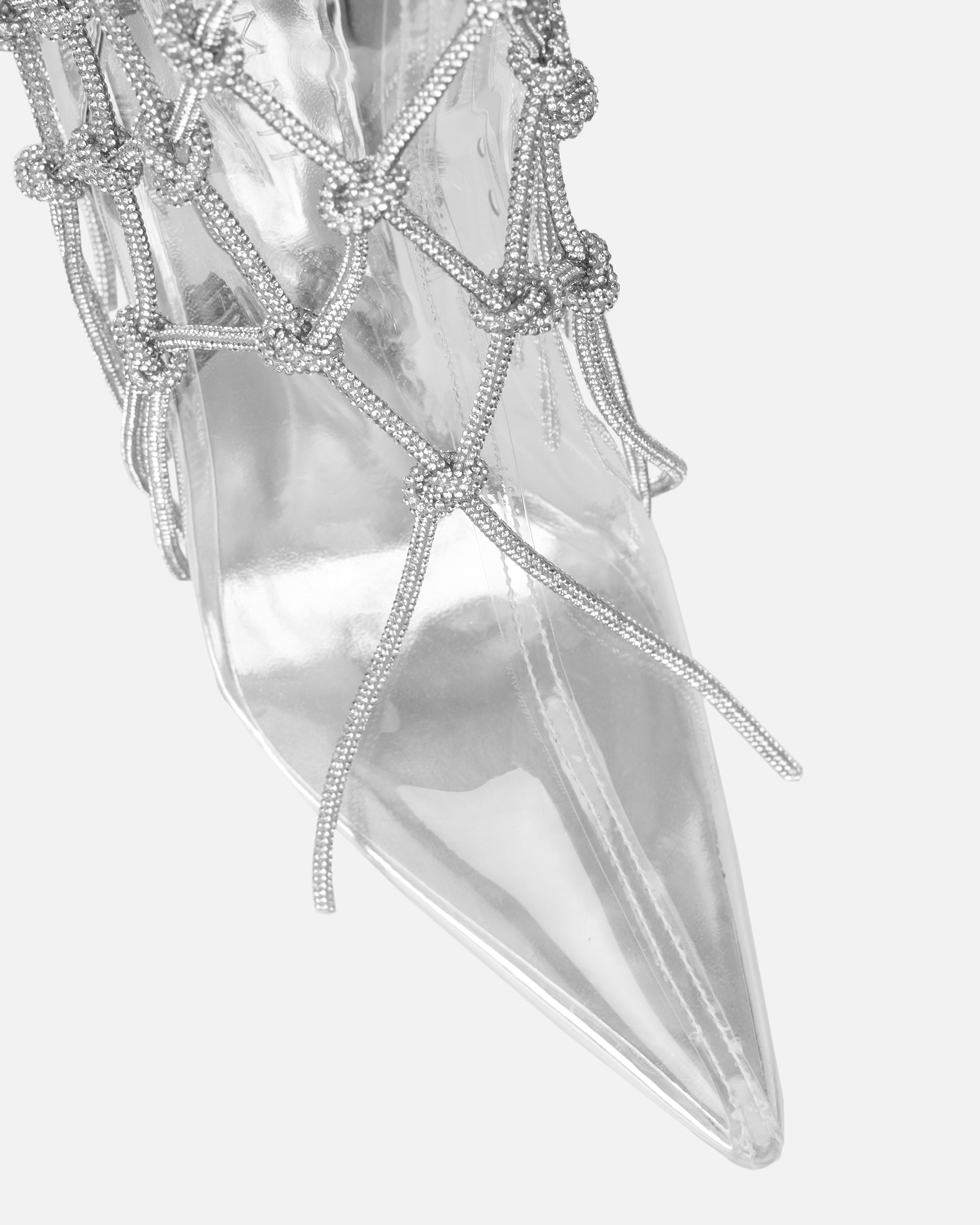 Picasso Silver Clear Diamante Stiletto Knee High Boots | SIMMI London