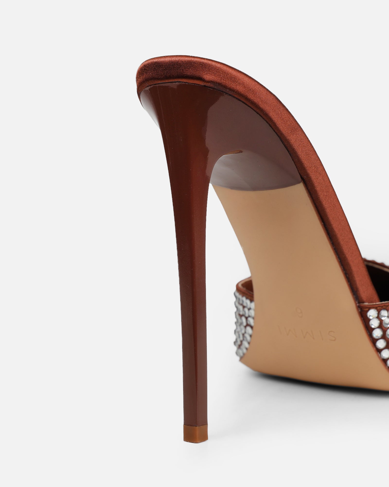 Thia Brown Satin Diamante Mules | SIMMI London