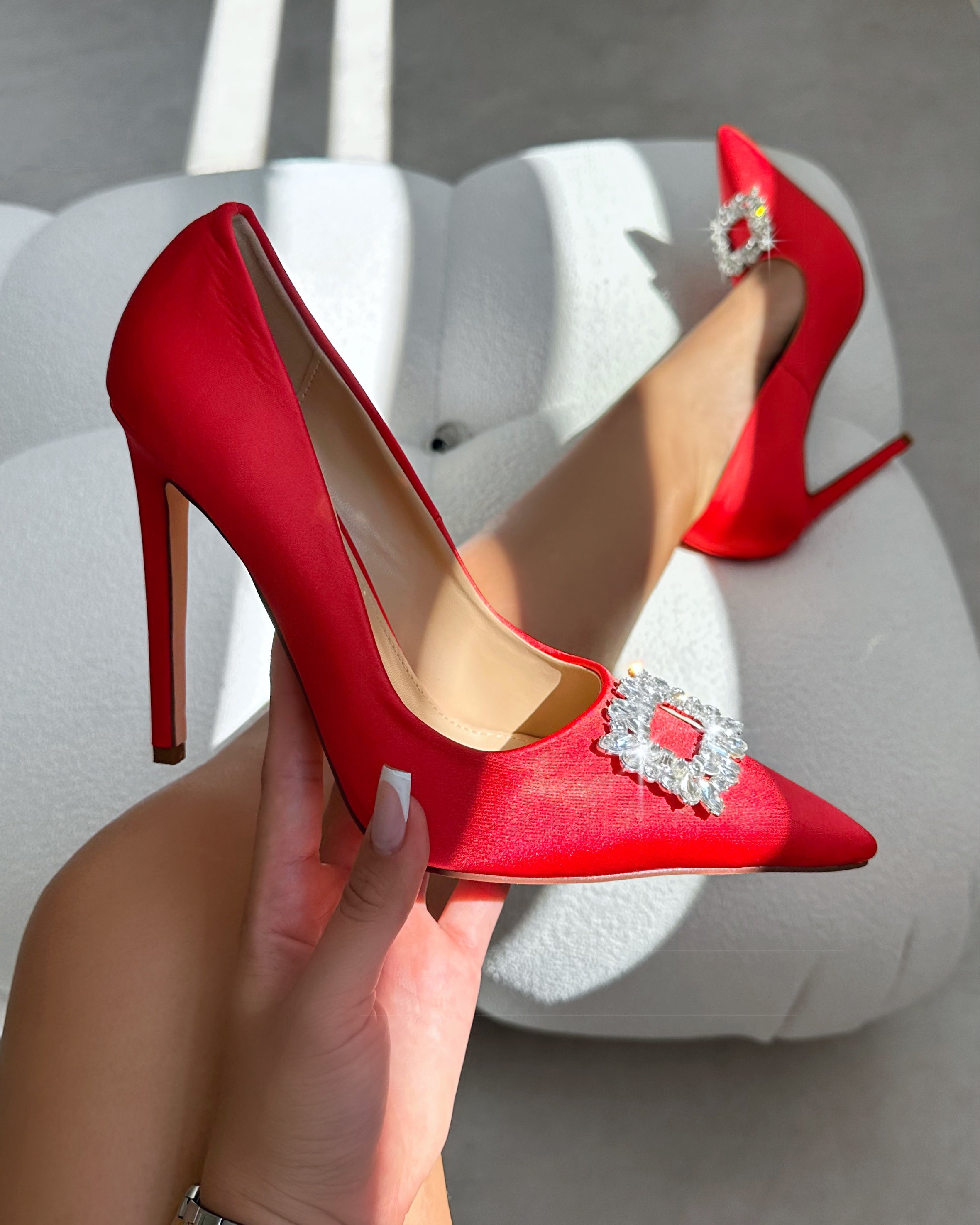 Sparks Red Satin Diamante Court Shoes | SIMMI London