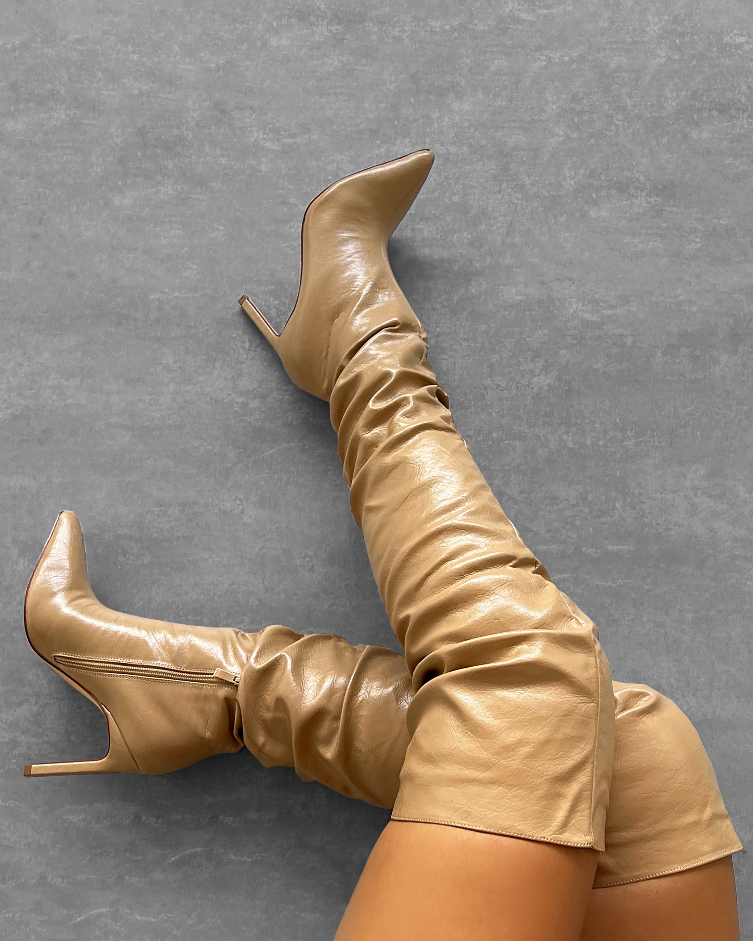 Ailla Camel Pointed Toe Stiletto Thigh High Boots UK EU 36 US