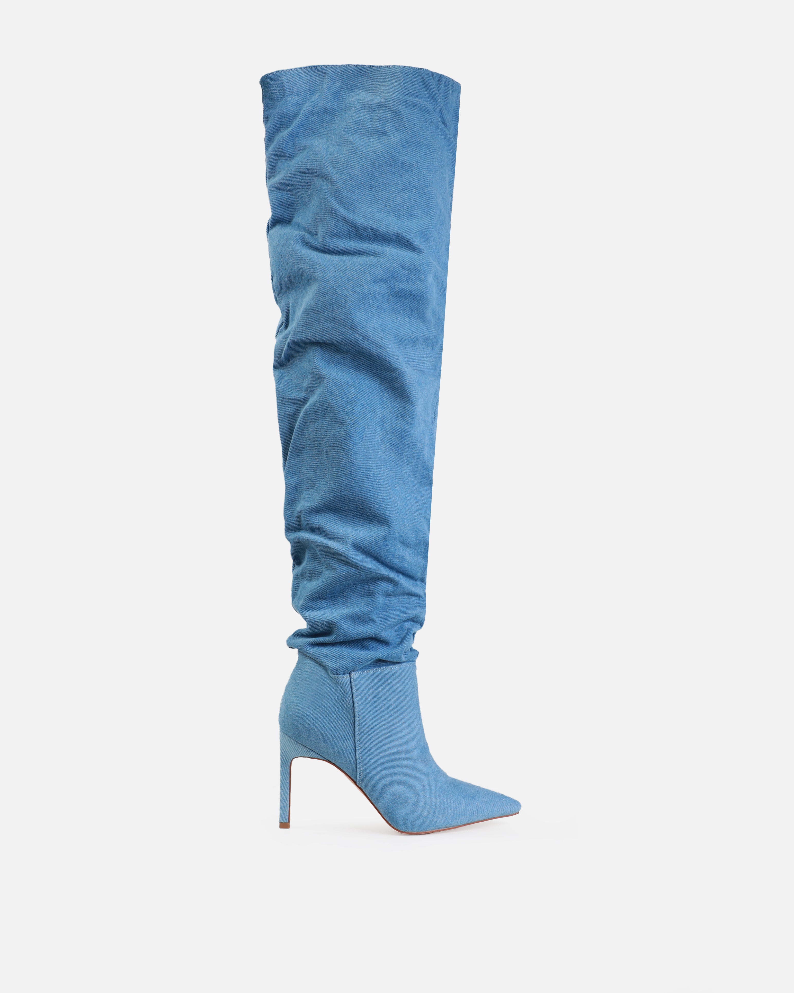 Tasha Ghouri Marshal Blue Denim Slouched Thigh High Boots | SIMMI London