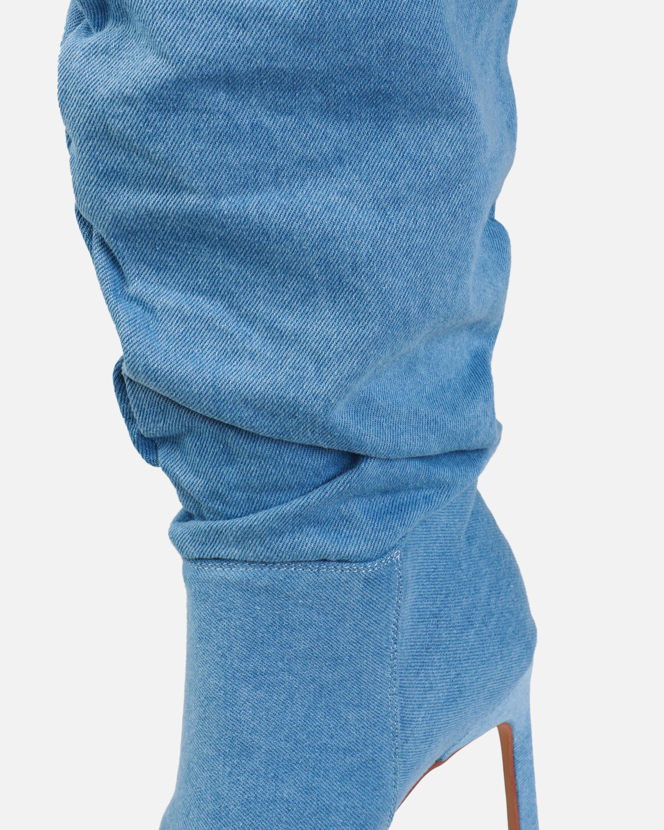 Tasha Ghouri Marshal Blue Denim Slouched Thigh High Boots | SIMMI London