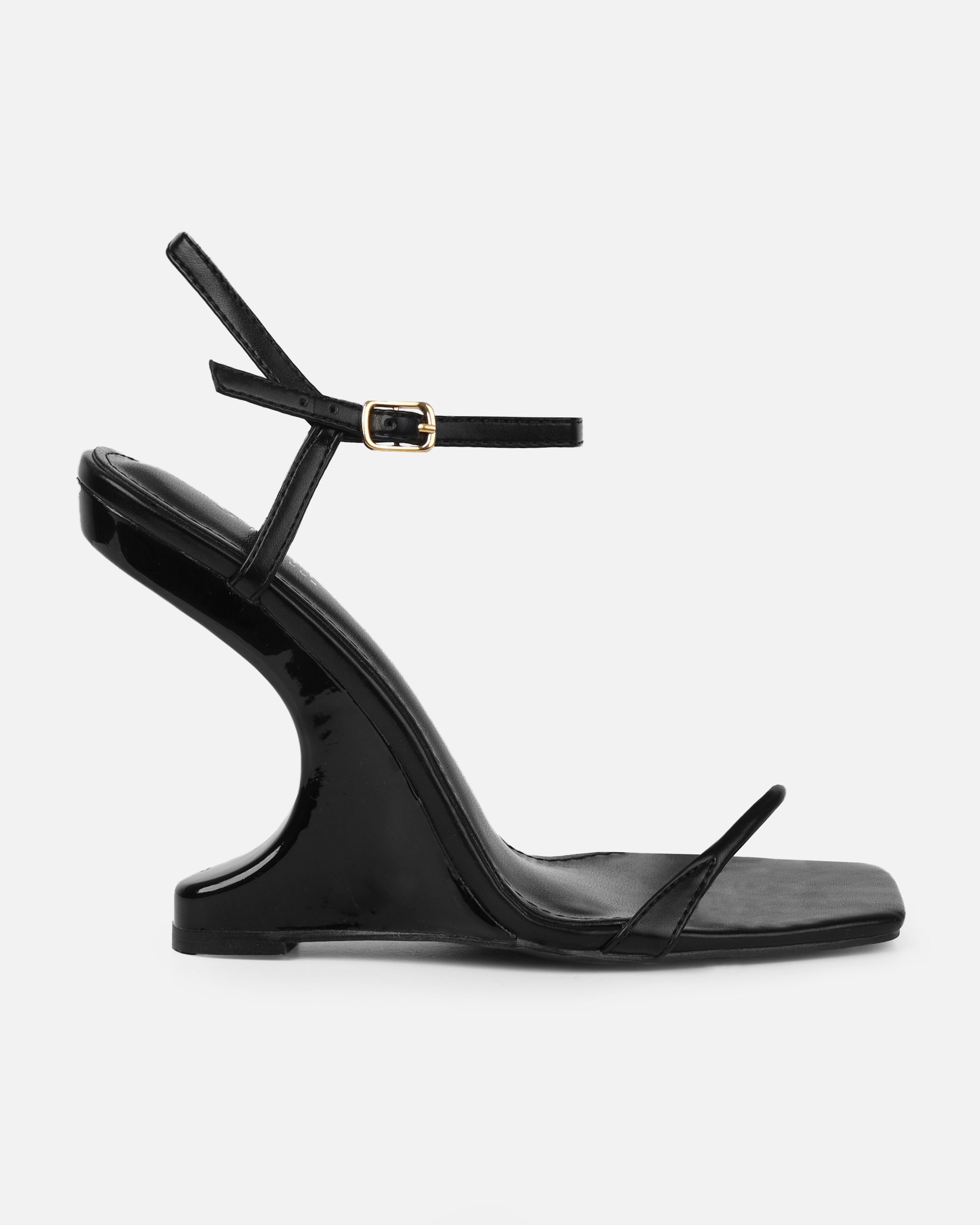 Aja Black Square Toe Strappy Patent Wedges | SIMMI London