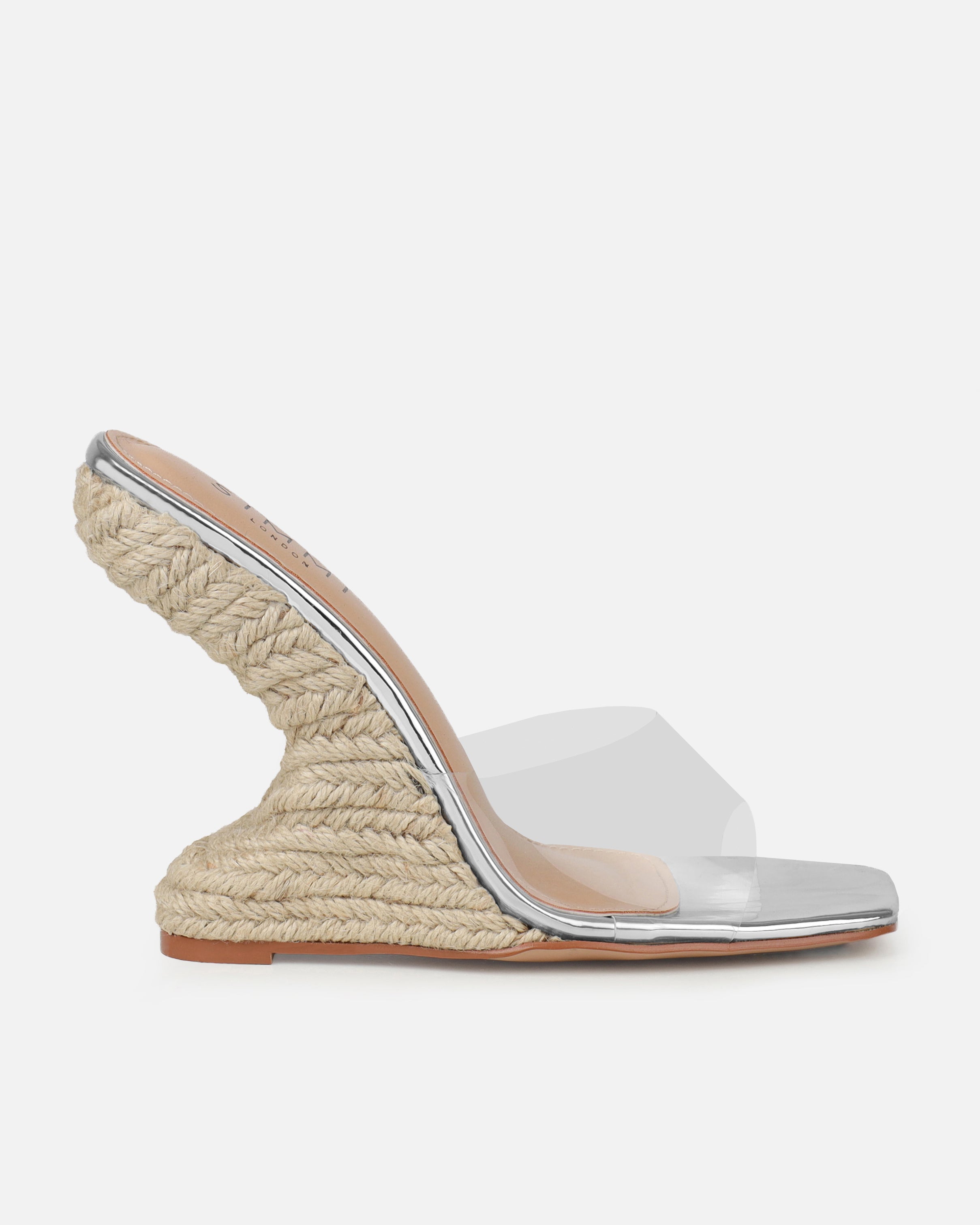 Ajayne Silver Clear Espadrille Mule Wedges | SIMMI London