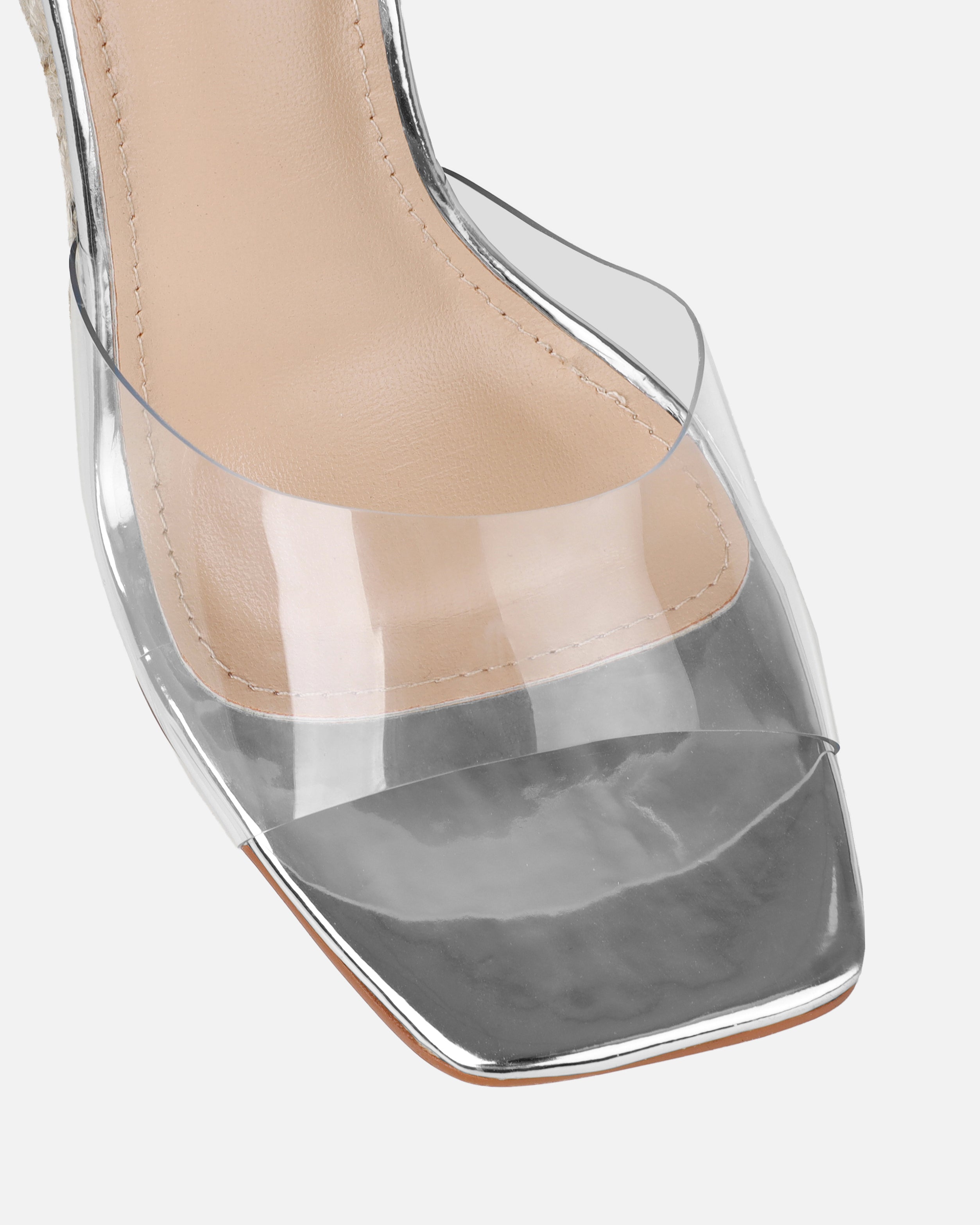 Ajayne Silver Clear Espadrille Mule Wedges | SIMMI London