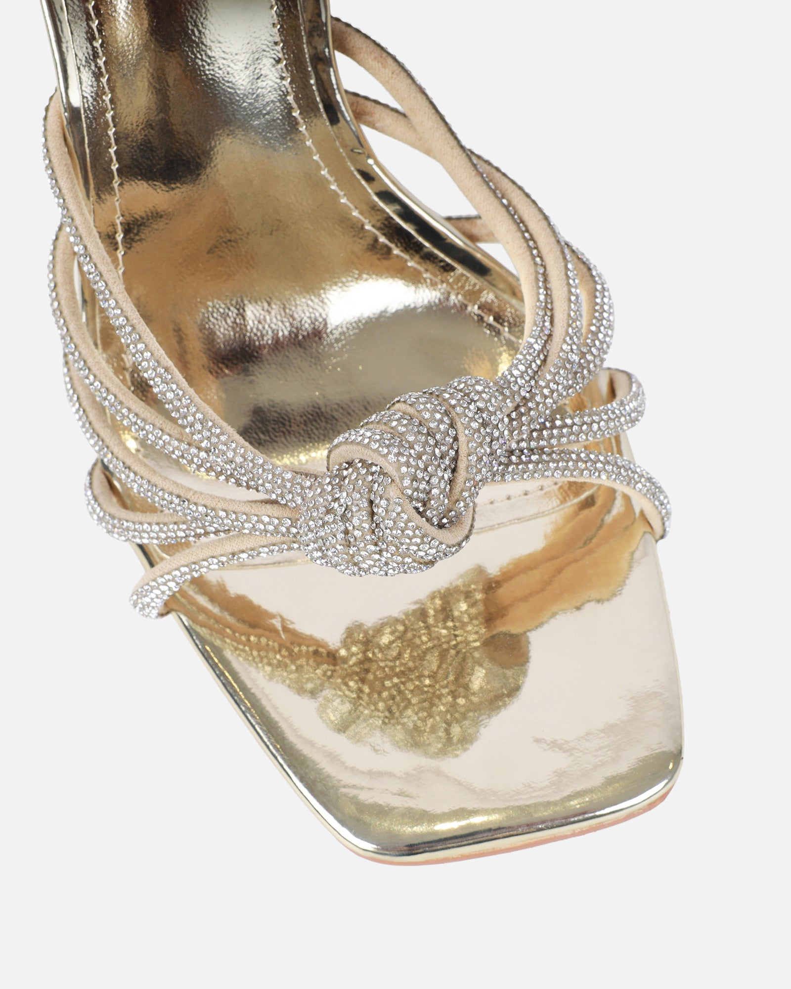 Dreaa gold mirror diamante twist wedge sandals | SIMMI London