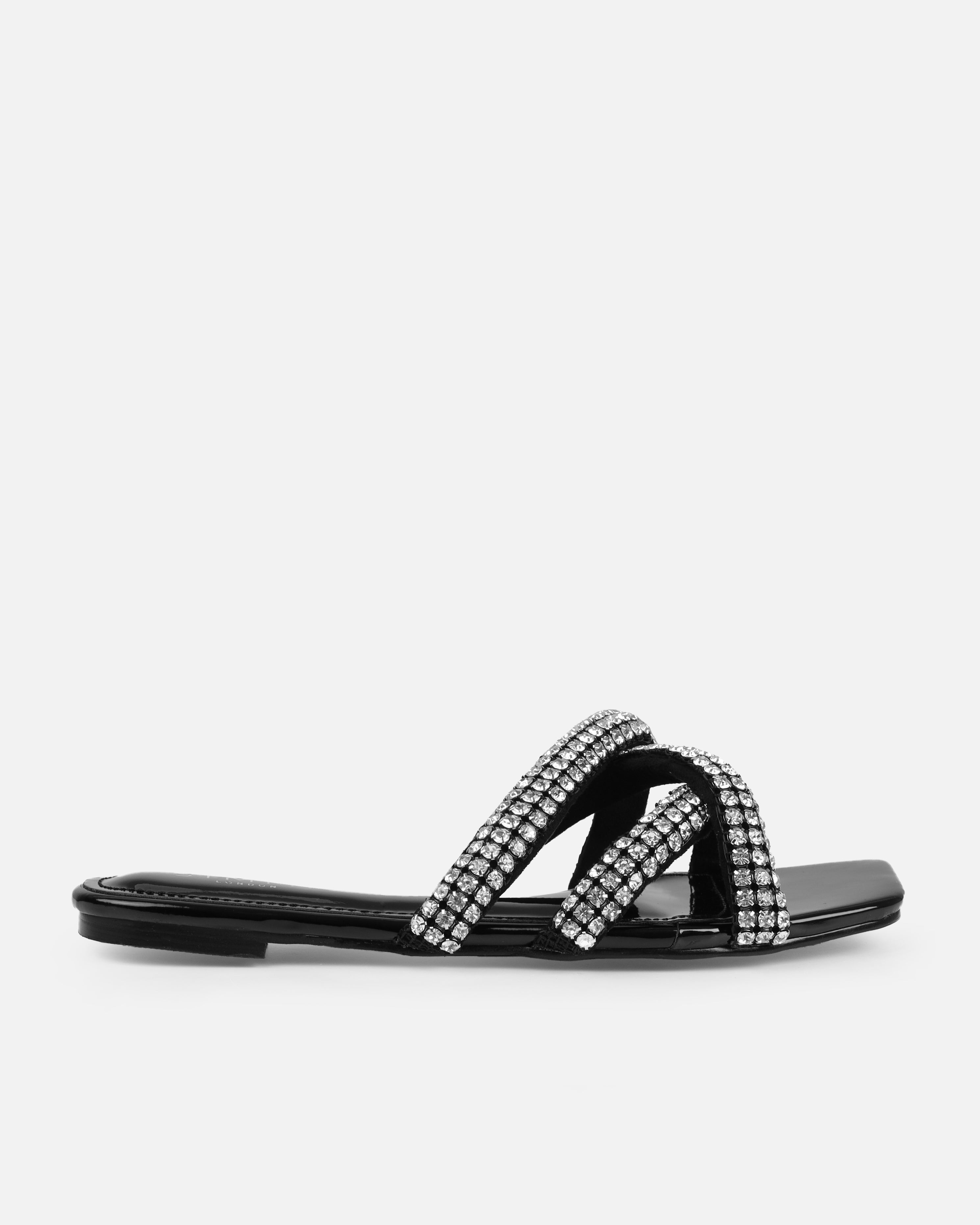 Akari Black Diamante Crossover Straps Flat Sandals | SIMMI London