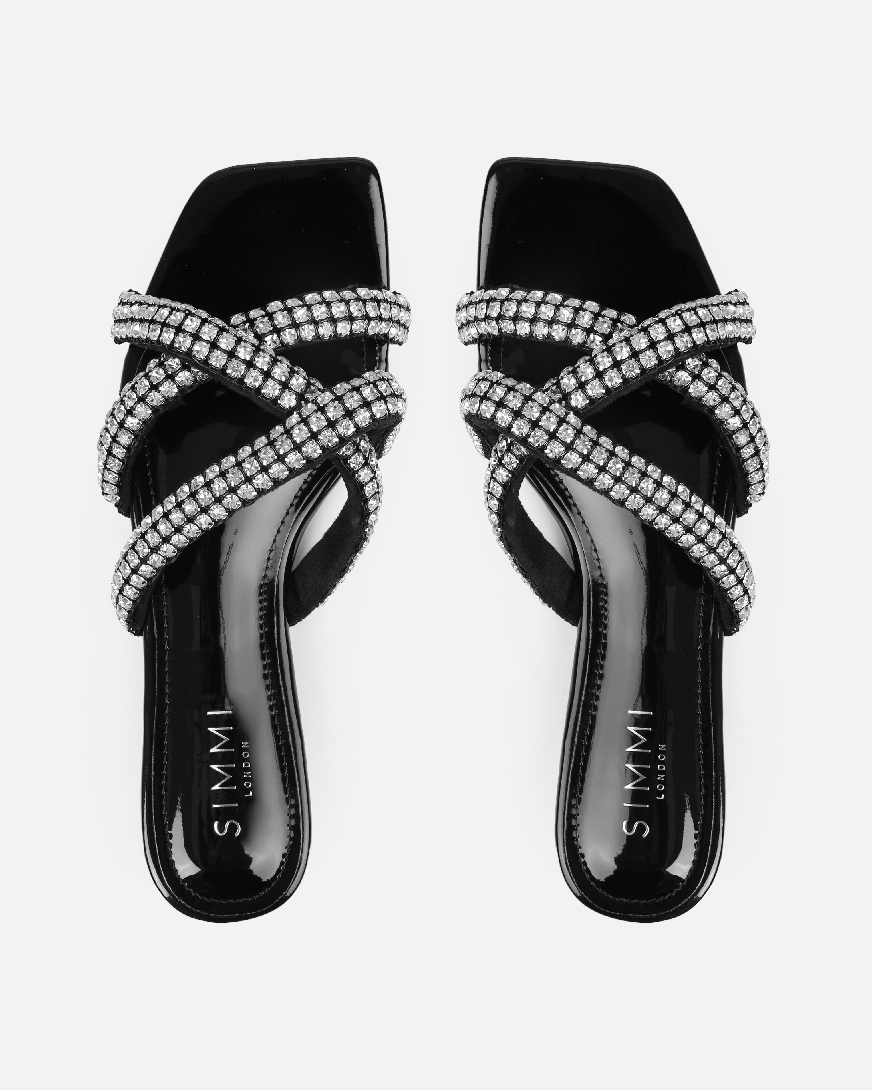 Akari Black Diamante Crossover Straps Flat Sandals | SIMMI London