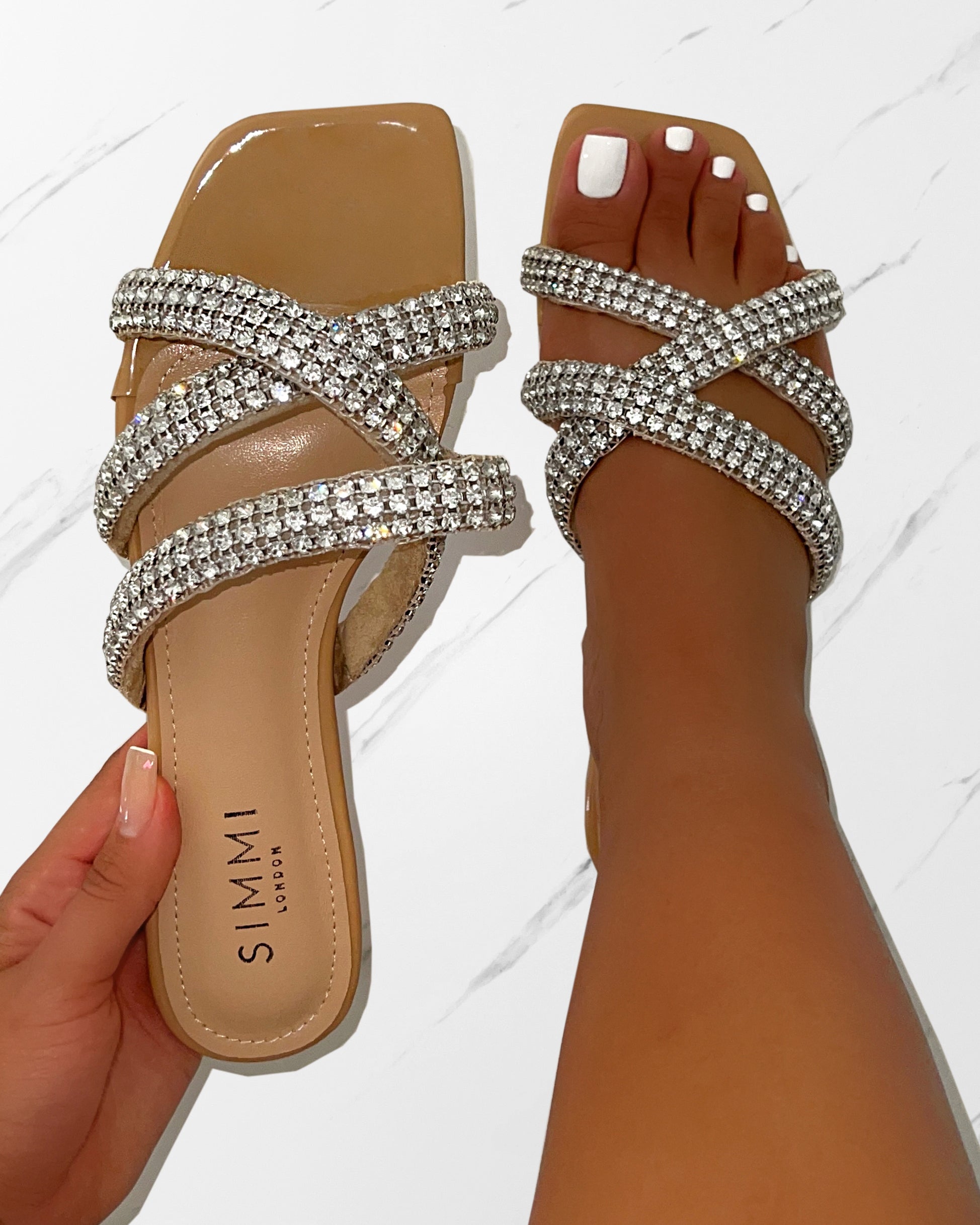 Akari Nude Diamante Crossover Strap Flat Sandals | SIMMI London