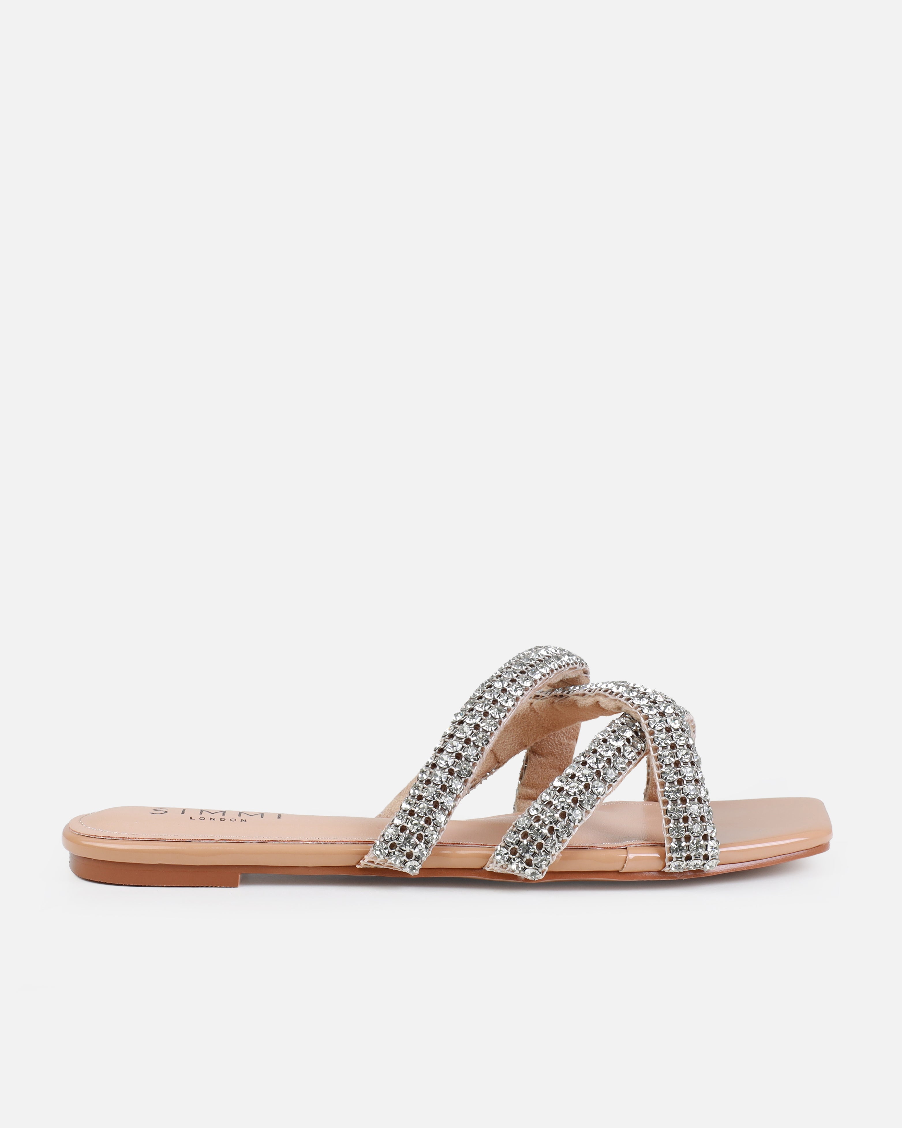 Akari Nude Diamante Crossover Straps Flat Sandals | SIMMI London