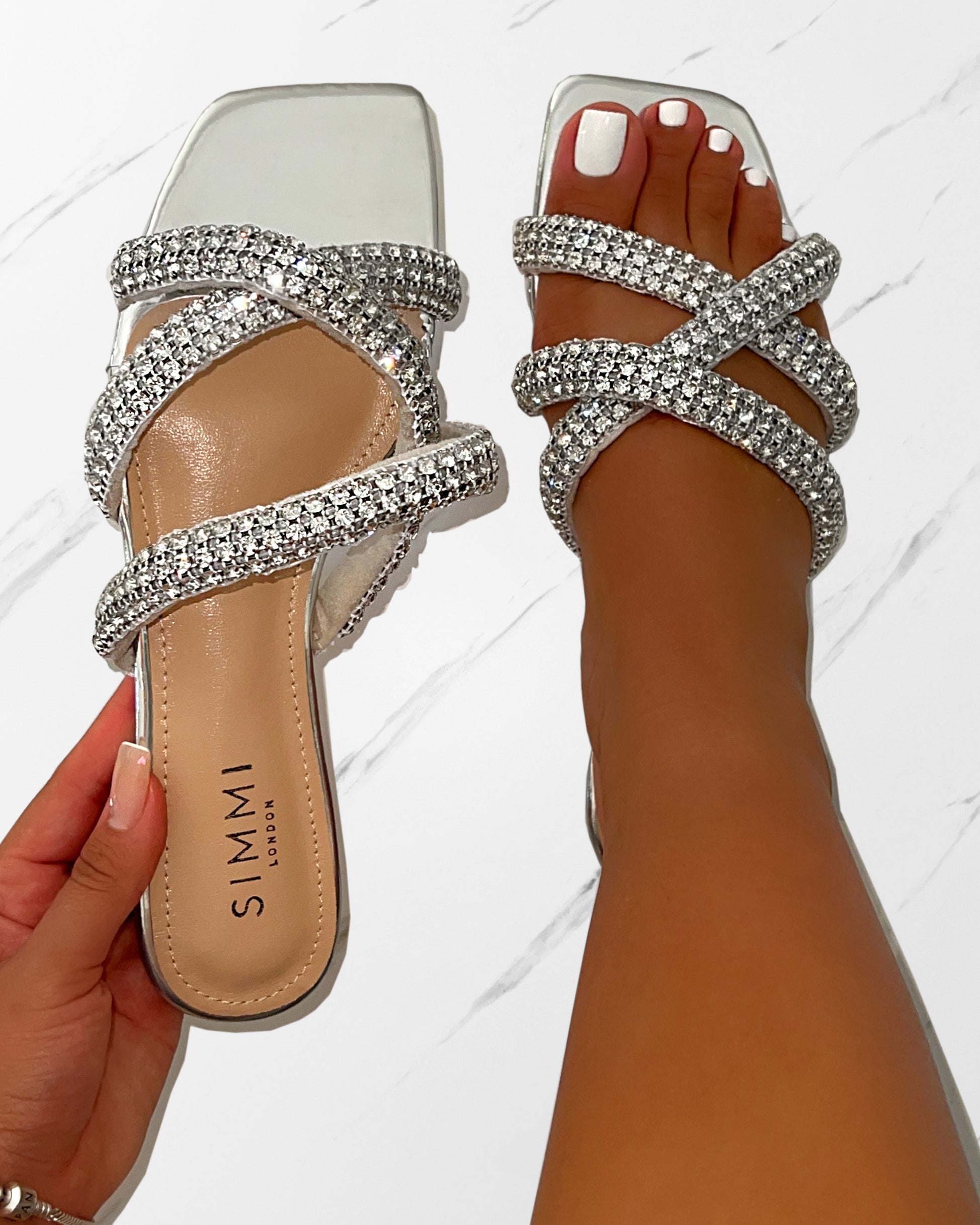 Akari Silver Diamante Crossover Strap Flat Sandals | SIMMI London