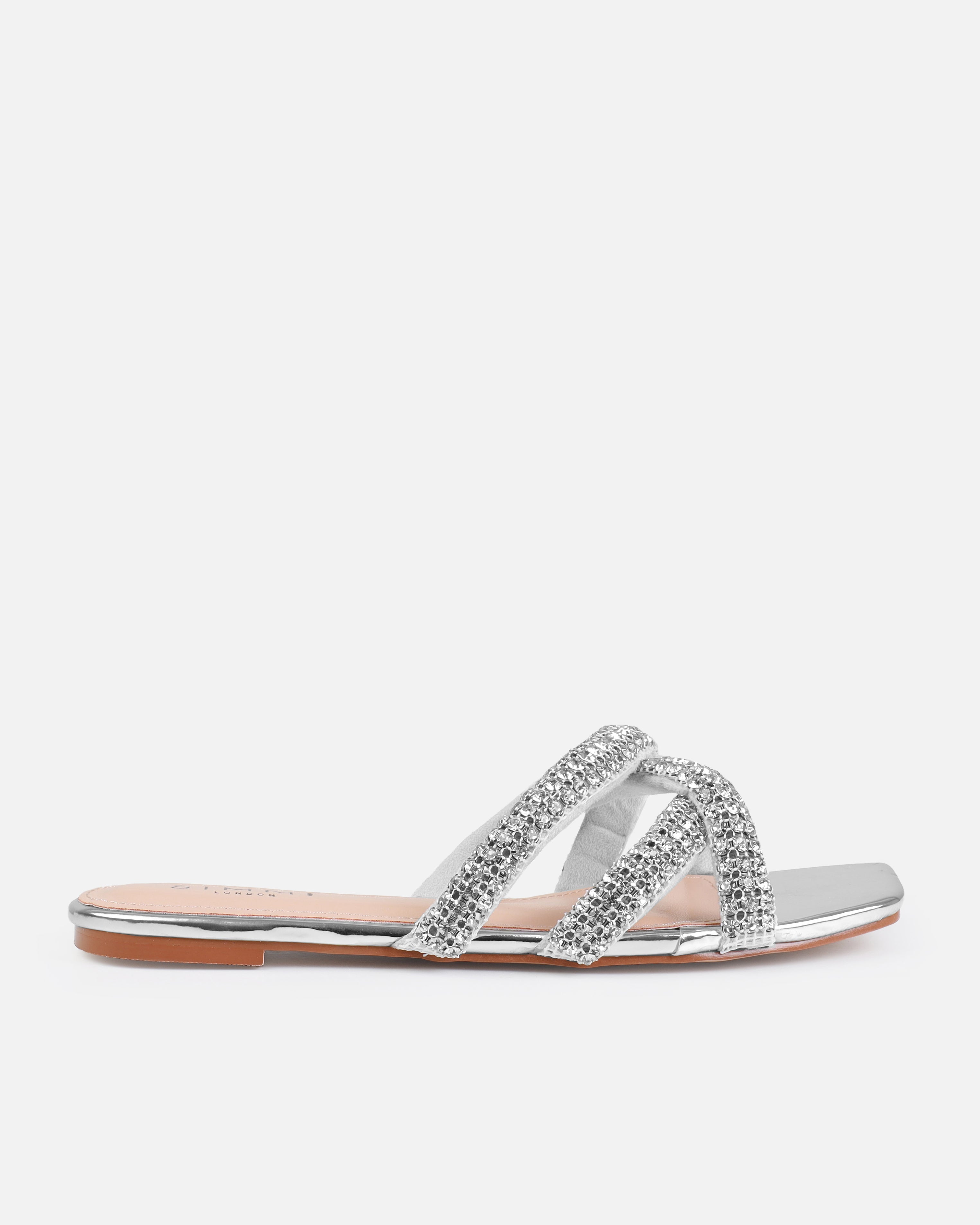 Akari Silver Diamante Crossover Straps Flat Sandals | SIMMI London