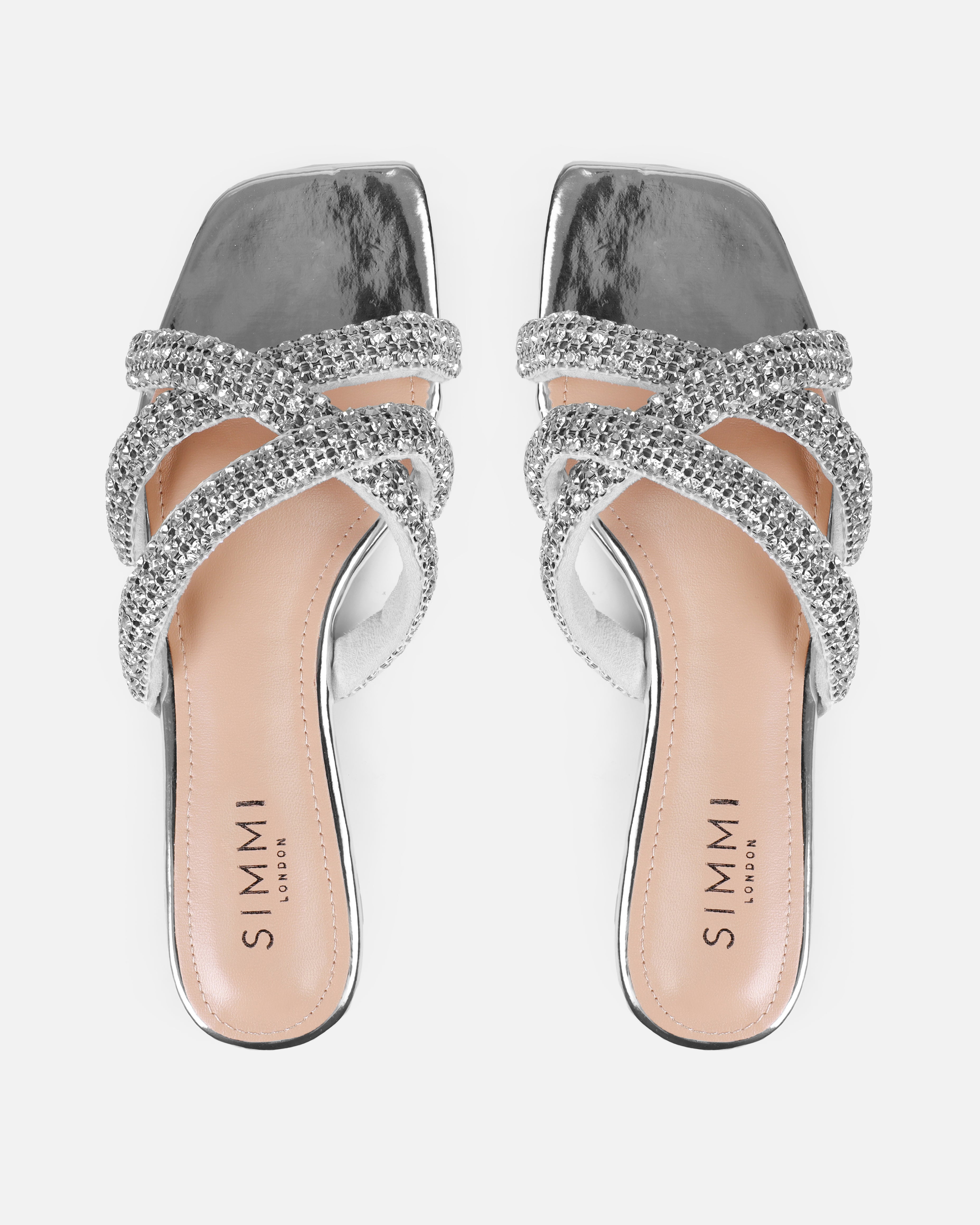 Akari Silver Diamante Crossover Straps Flat Sandals | SIMMI London