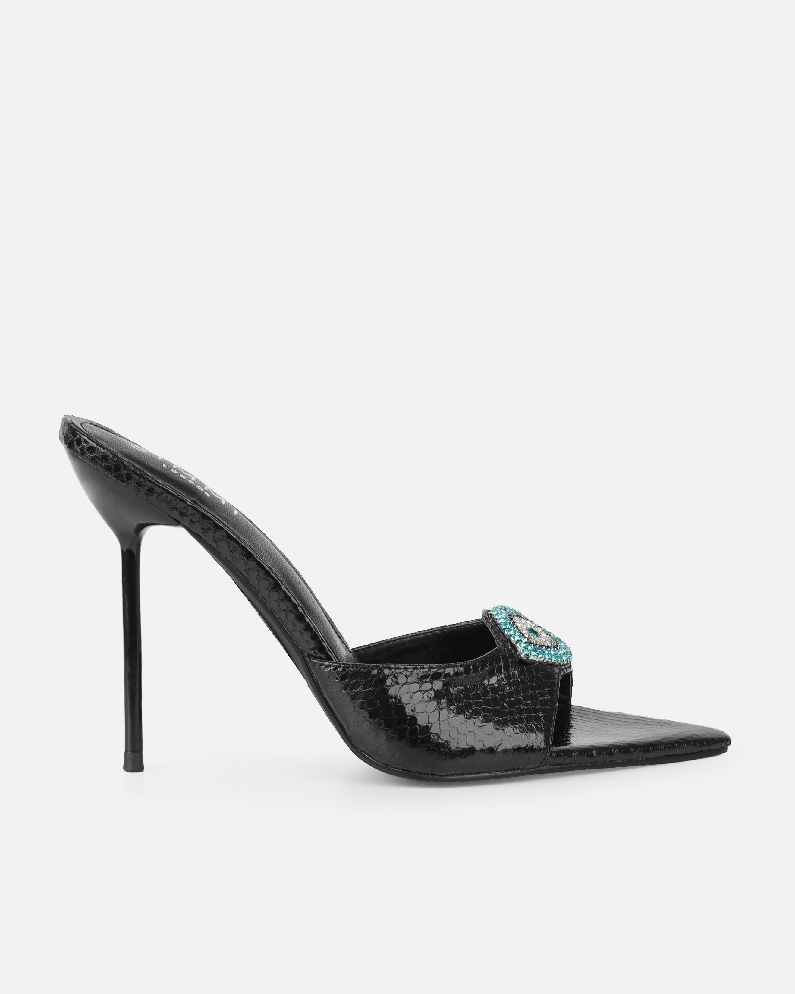 Akia Black Faux Snake Evil Eye Stiletto Mules | SIMMI London
