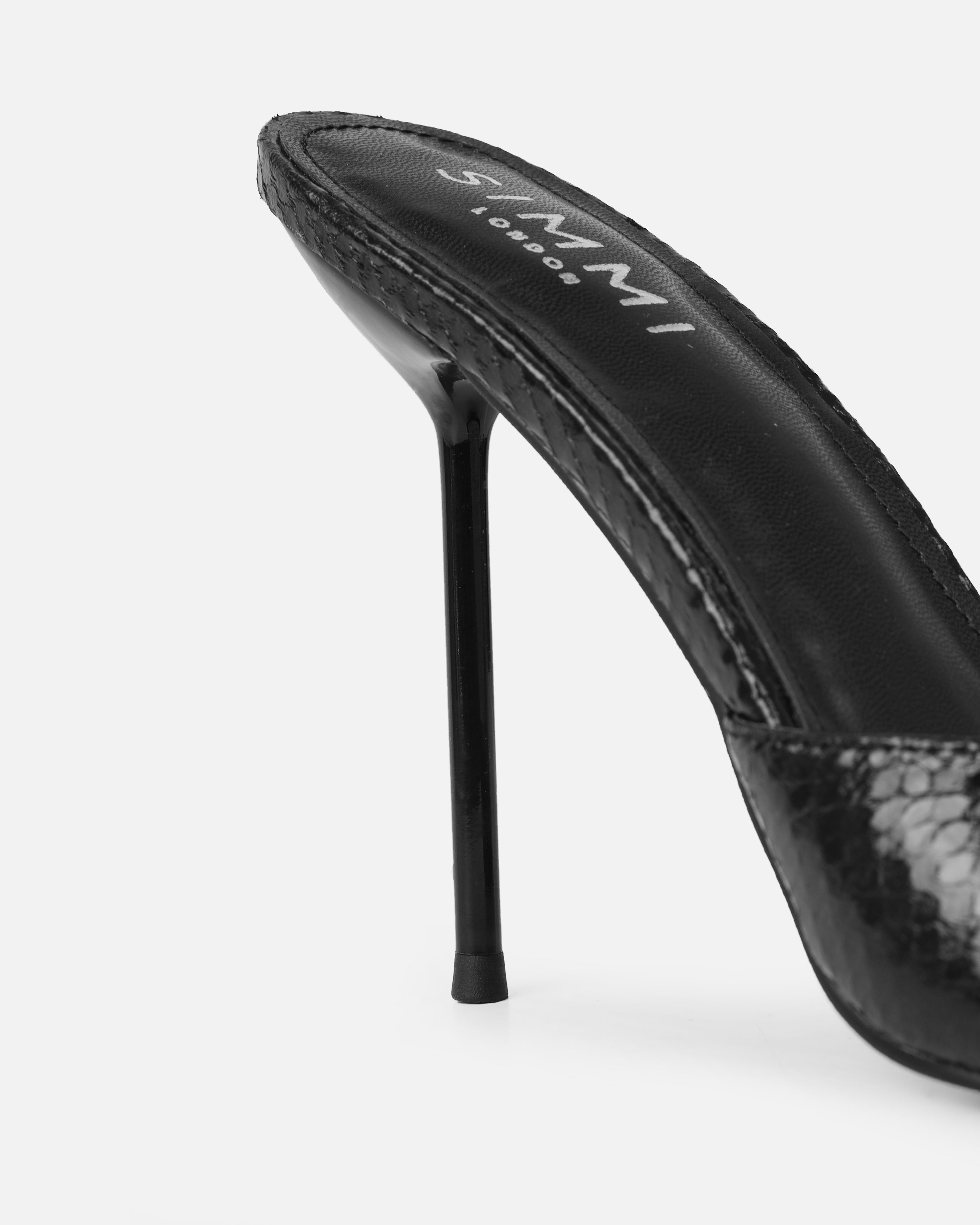 Akia Black Faux Snake Evil Eye Stiletto Mules | SIMMI London