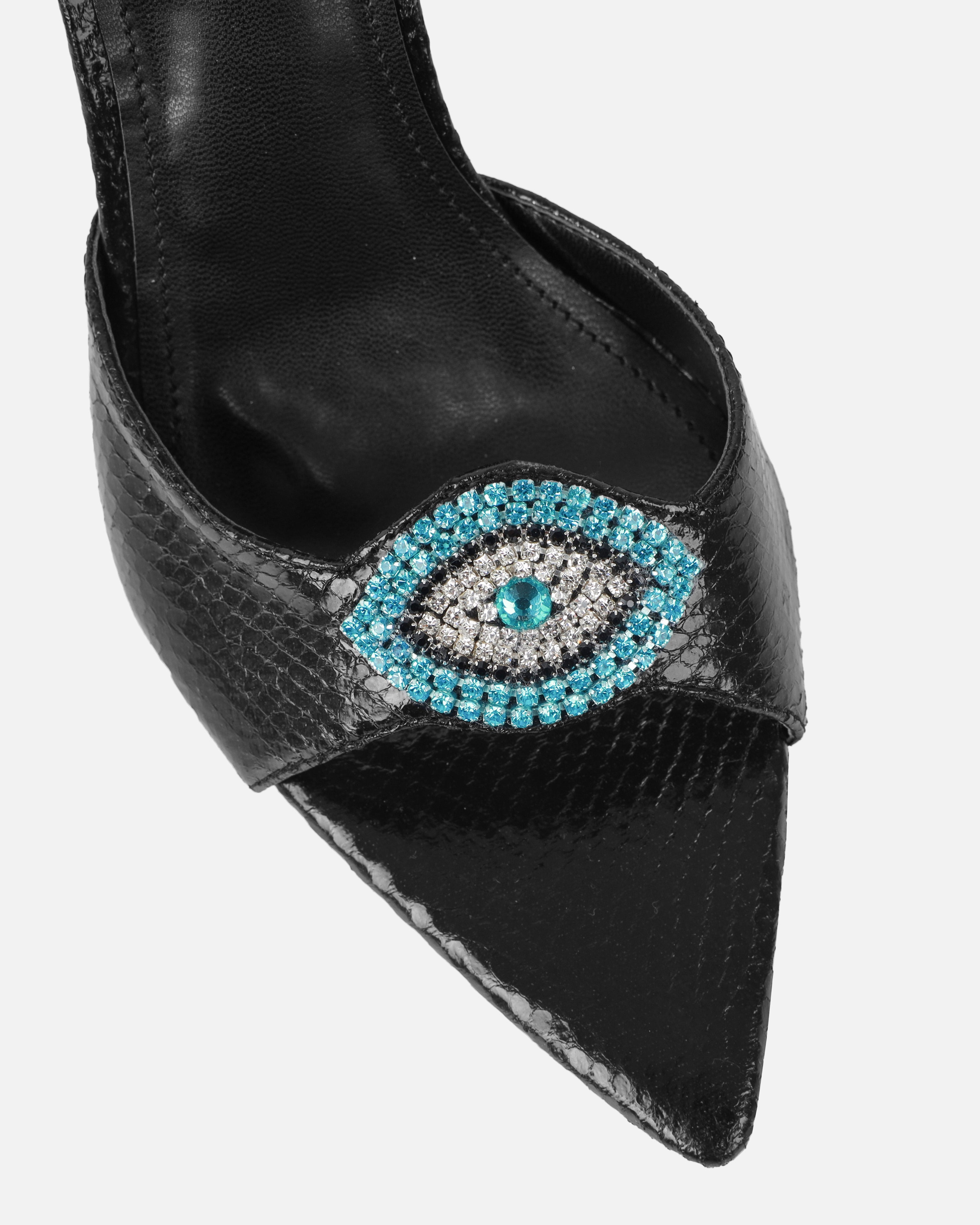 Akia Black Faux Snake Evil Eye Stiletto Mules | SIMMI London