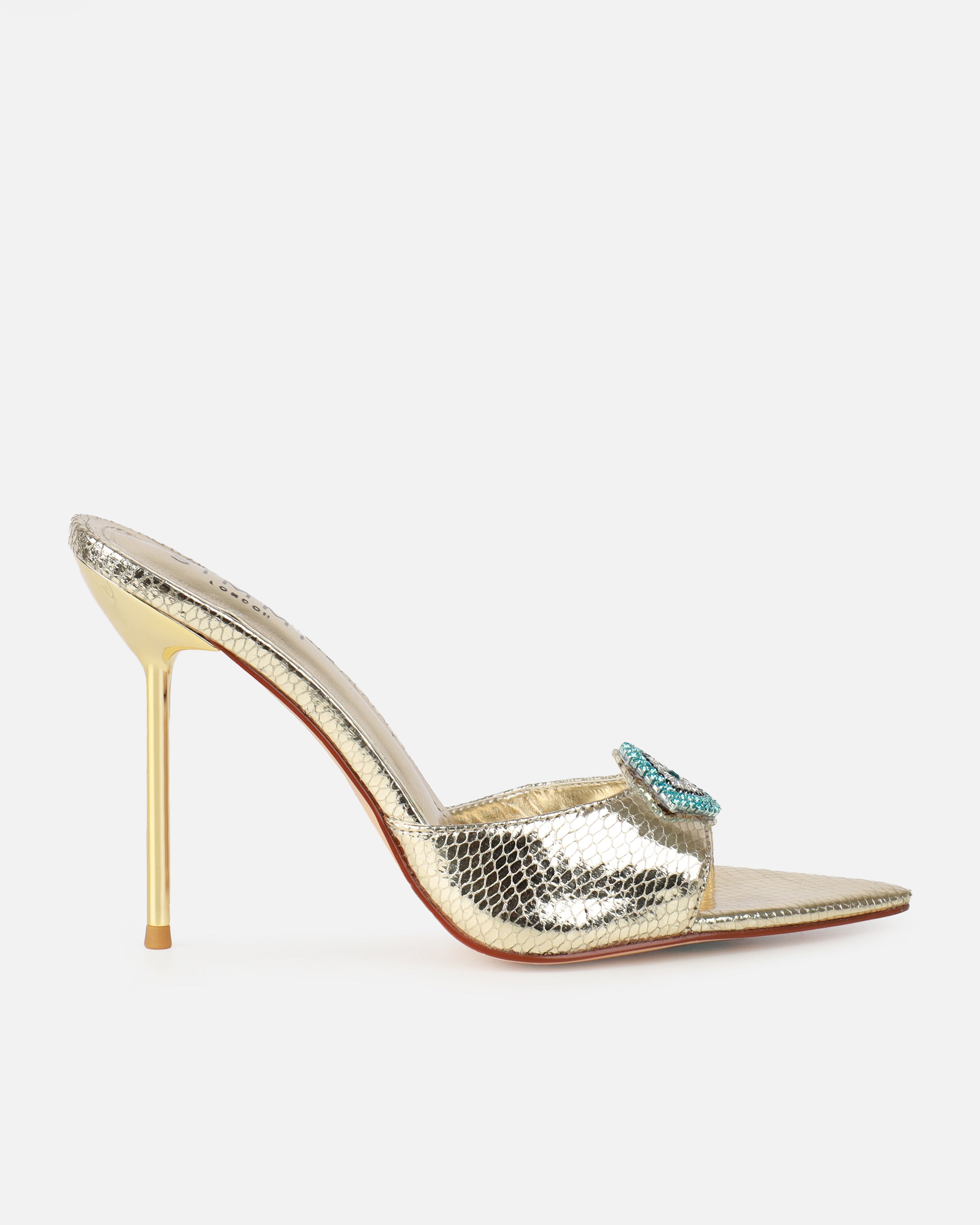 Akia Gold Faux Snake Evil Eye Stiletto Mules | SIMMI London