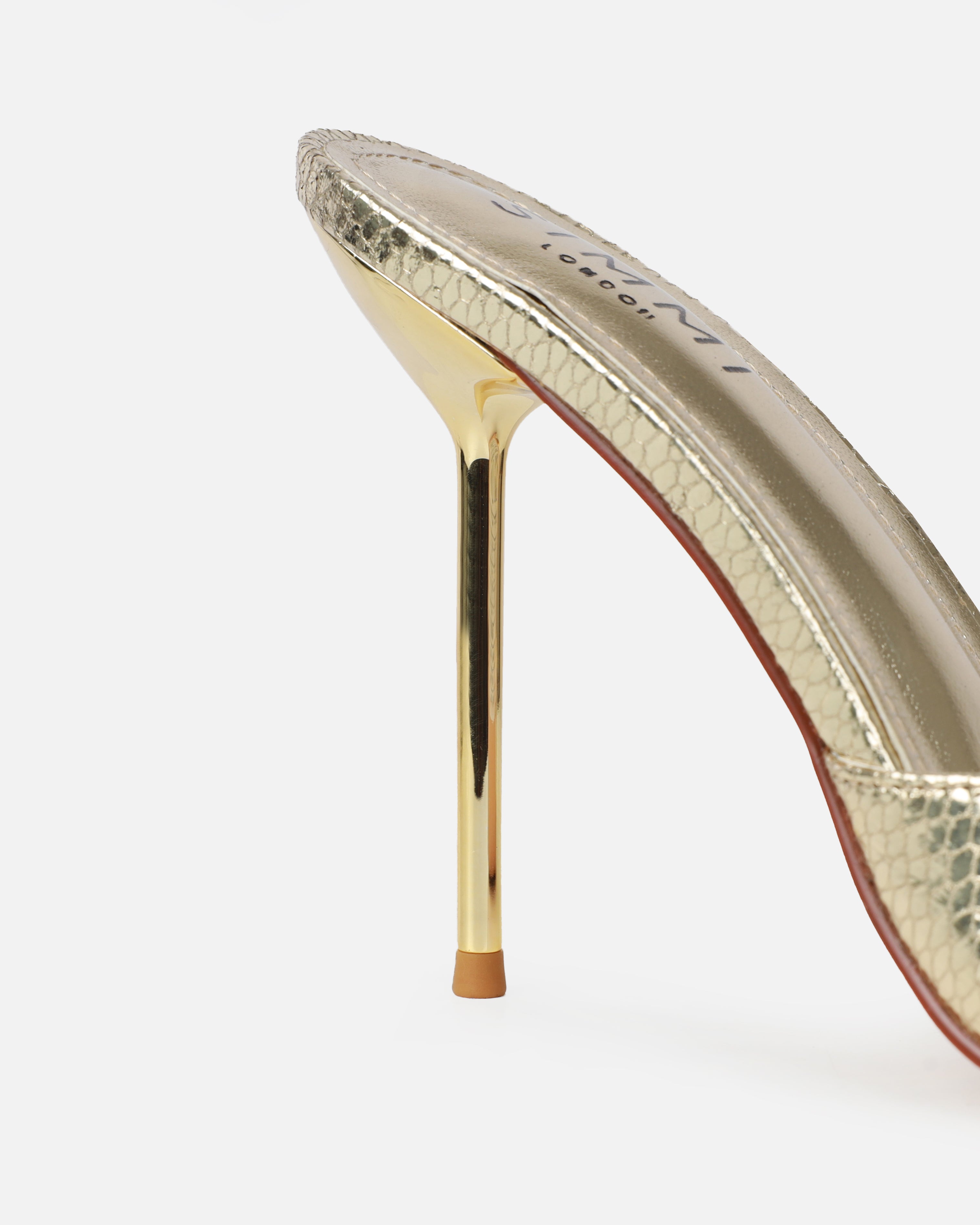 Akia Gold Faux Snake Evil Eye Stiletto Mules | SIMMI London