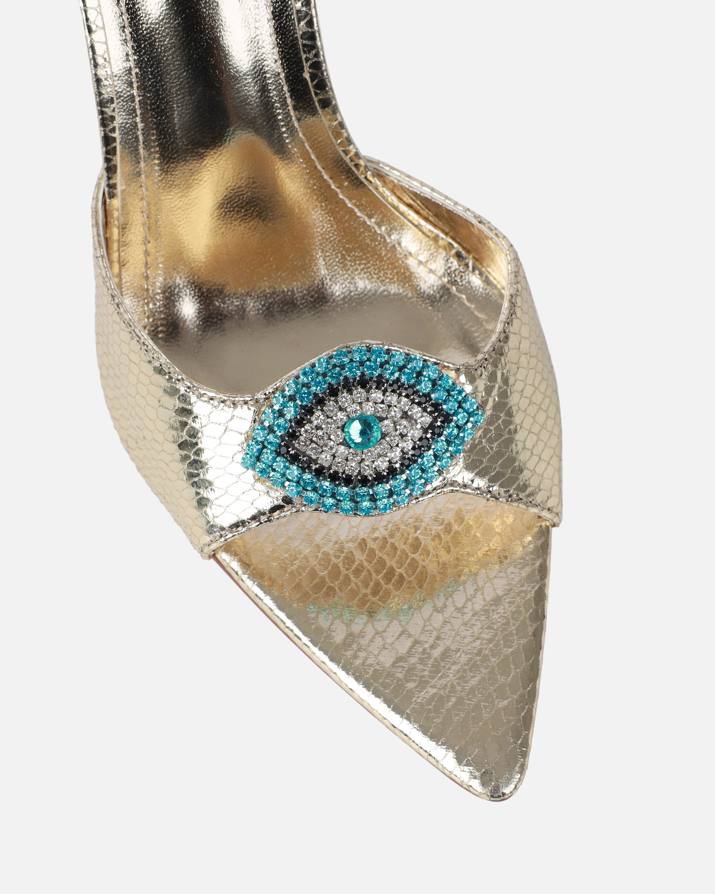 Akia Gold Faux Snake Evil Eye Stiletto Mules | SIMMI London