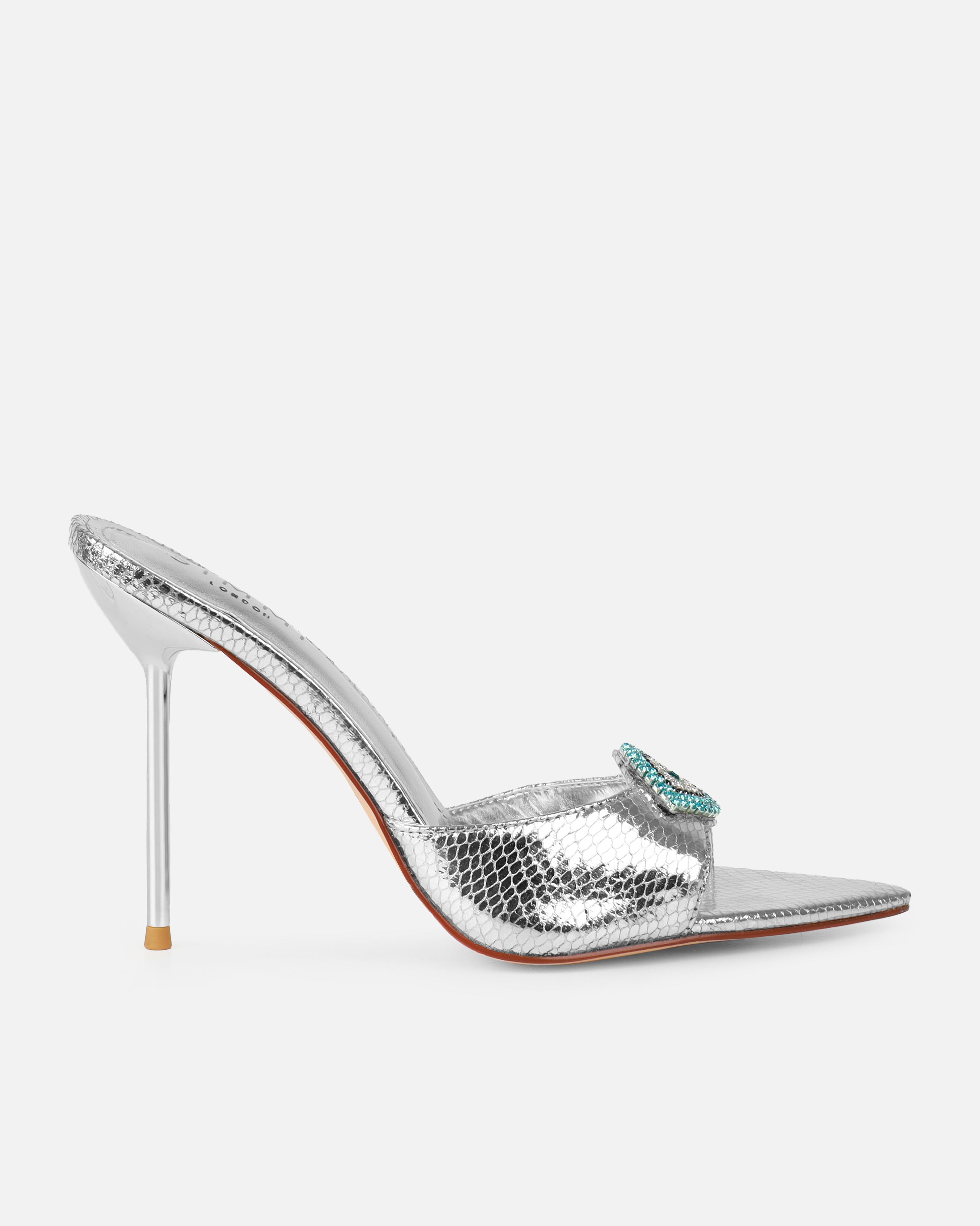 Akia Silver Faux Snake Evil Eye Stiletto Mules | SIMMI London