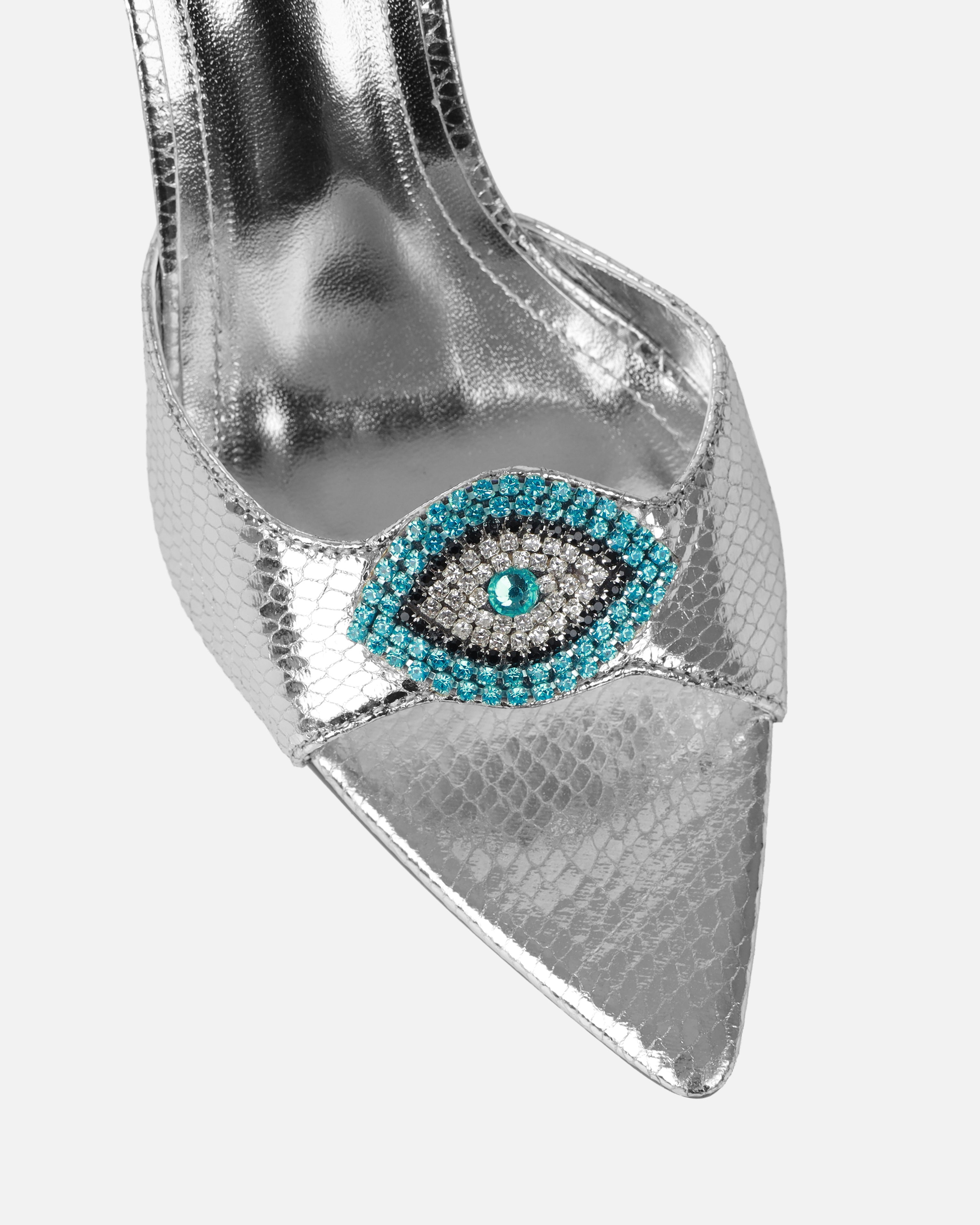 Akia Silver Faux Snake Evil Eye Stiletto Mules | SIMMI London