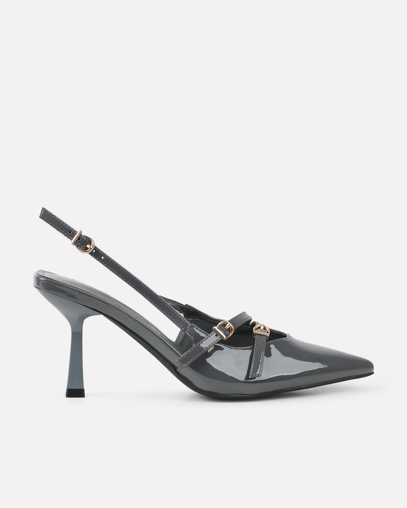 Aksa Grey Patent Sling Back Court Shoes  | SIMMI London